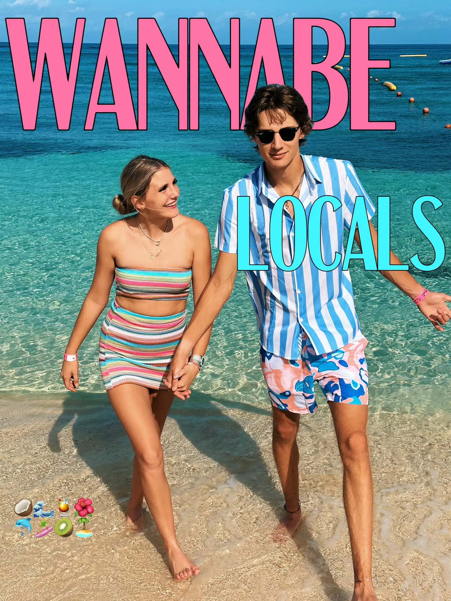 Two people standing on a beach, one wearing a striped shirt and the other wearing a bikini.