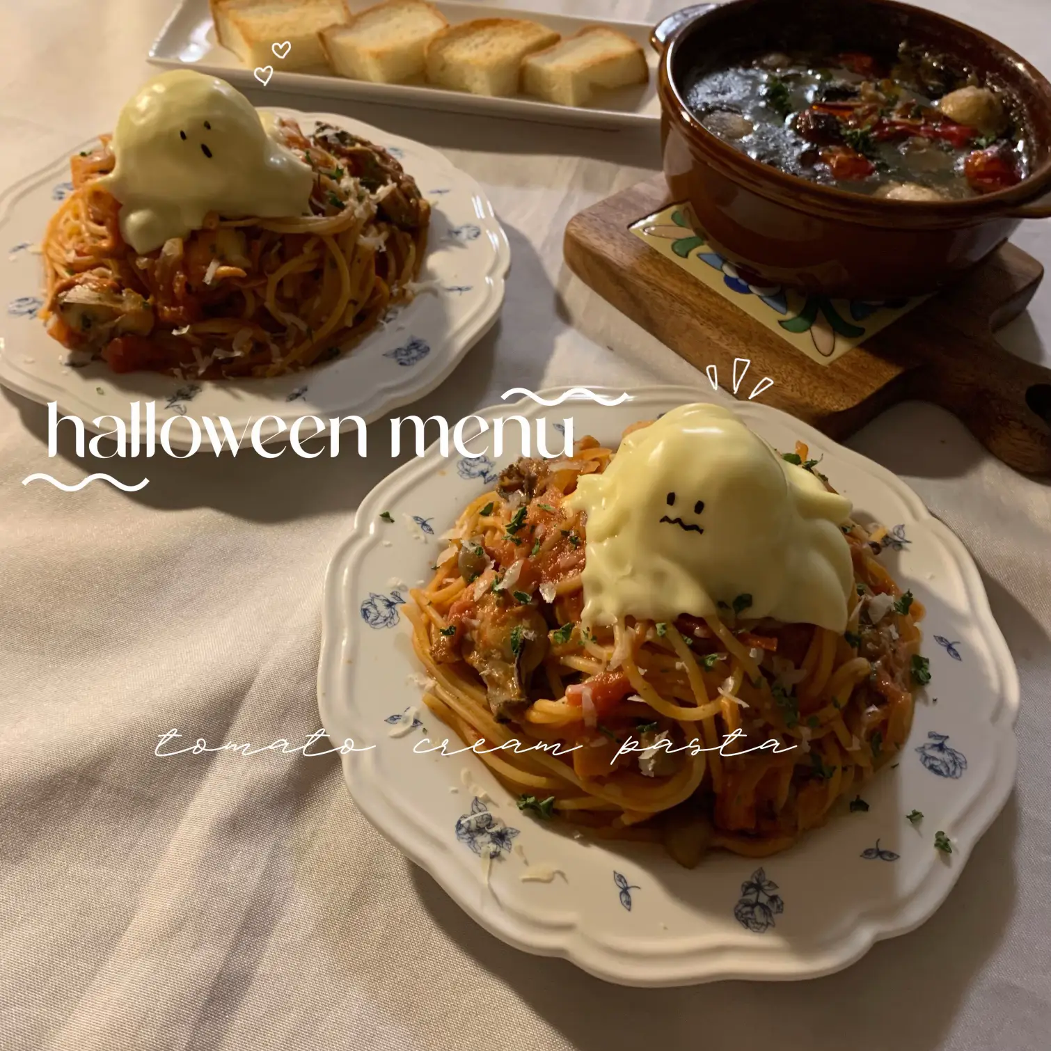 まだ間に合うハロウィンレシピ🎃📋おばけのトマトクリームパスタ👻🍝 | おうちバルレシピ𓍯が投稿したフォトブック | Lemon8