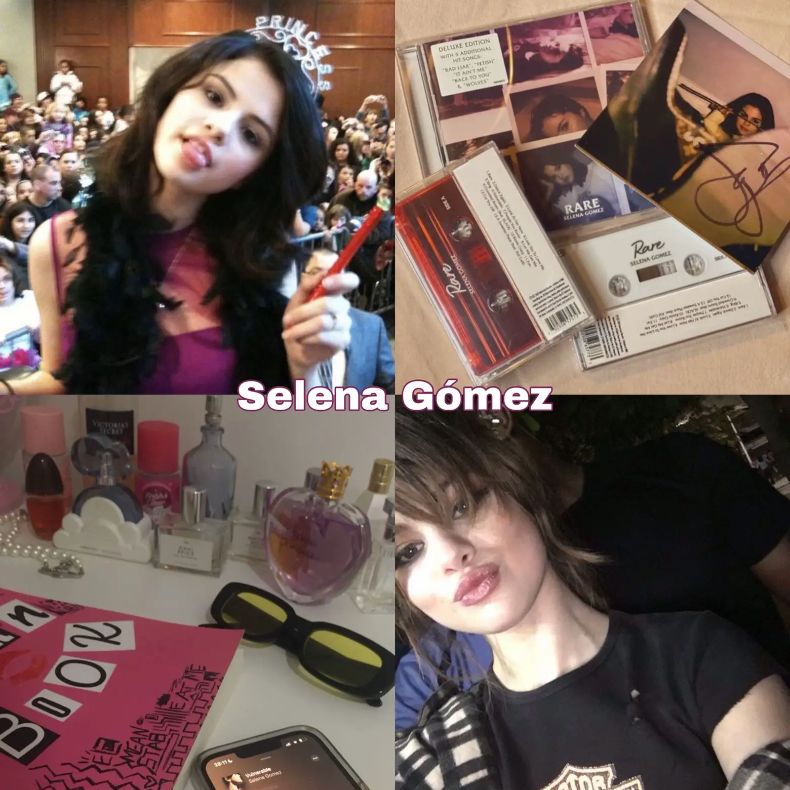  A collage of photos of Selena Gomez.
