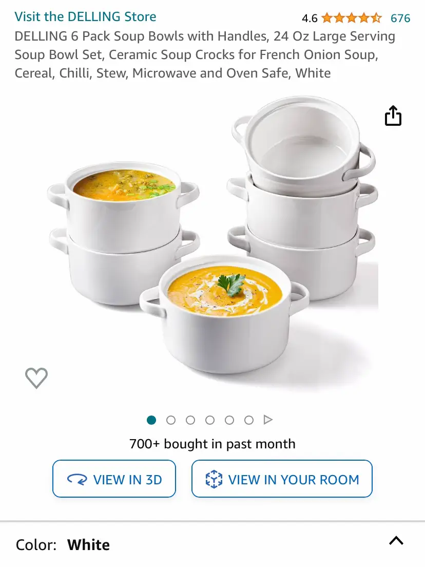 DELLING 6 Pack Soup Bowls with Handles, 24 Oz Large Serving Soup  Bowl Set, Ceramic Soup Crocks for French Onion Soup, Cereal, Chilli, Stew,  Microwave and Oven Safe, White: Soup Bowls