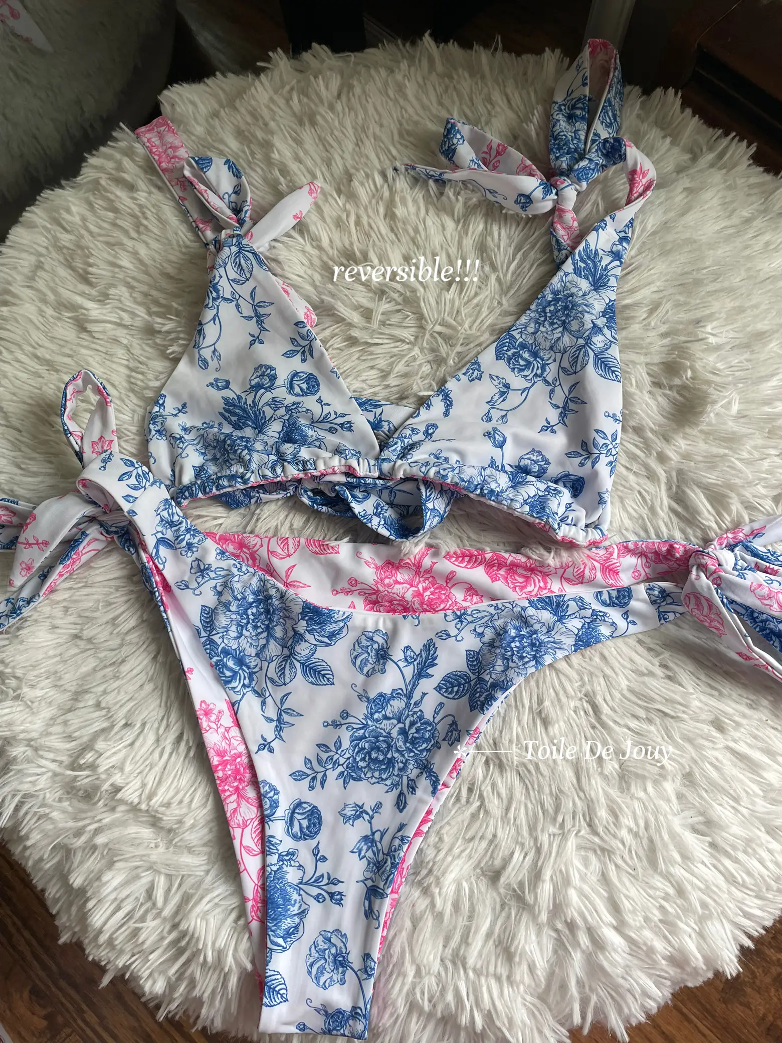 I love this floral and toile reversible swimsuit so much! The fabric i