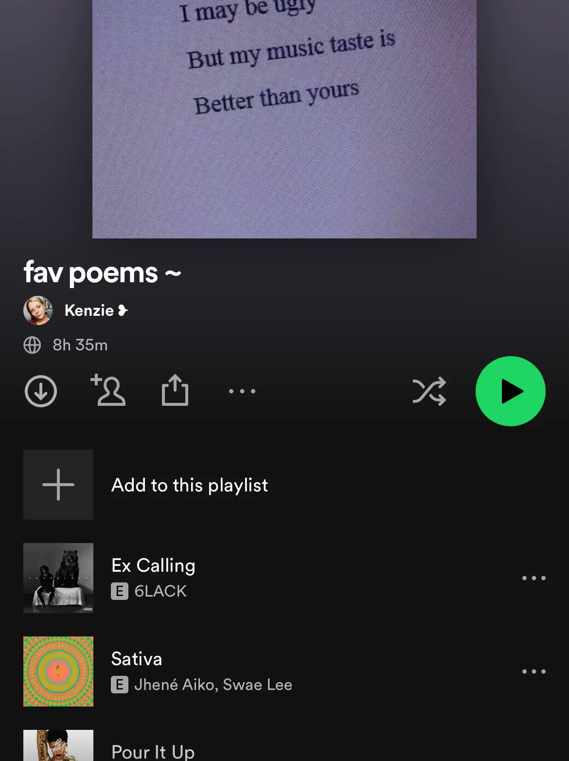 A playlist of music with a poem on top.