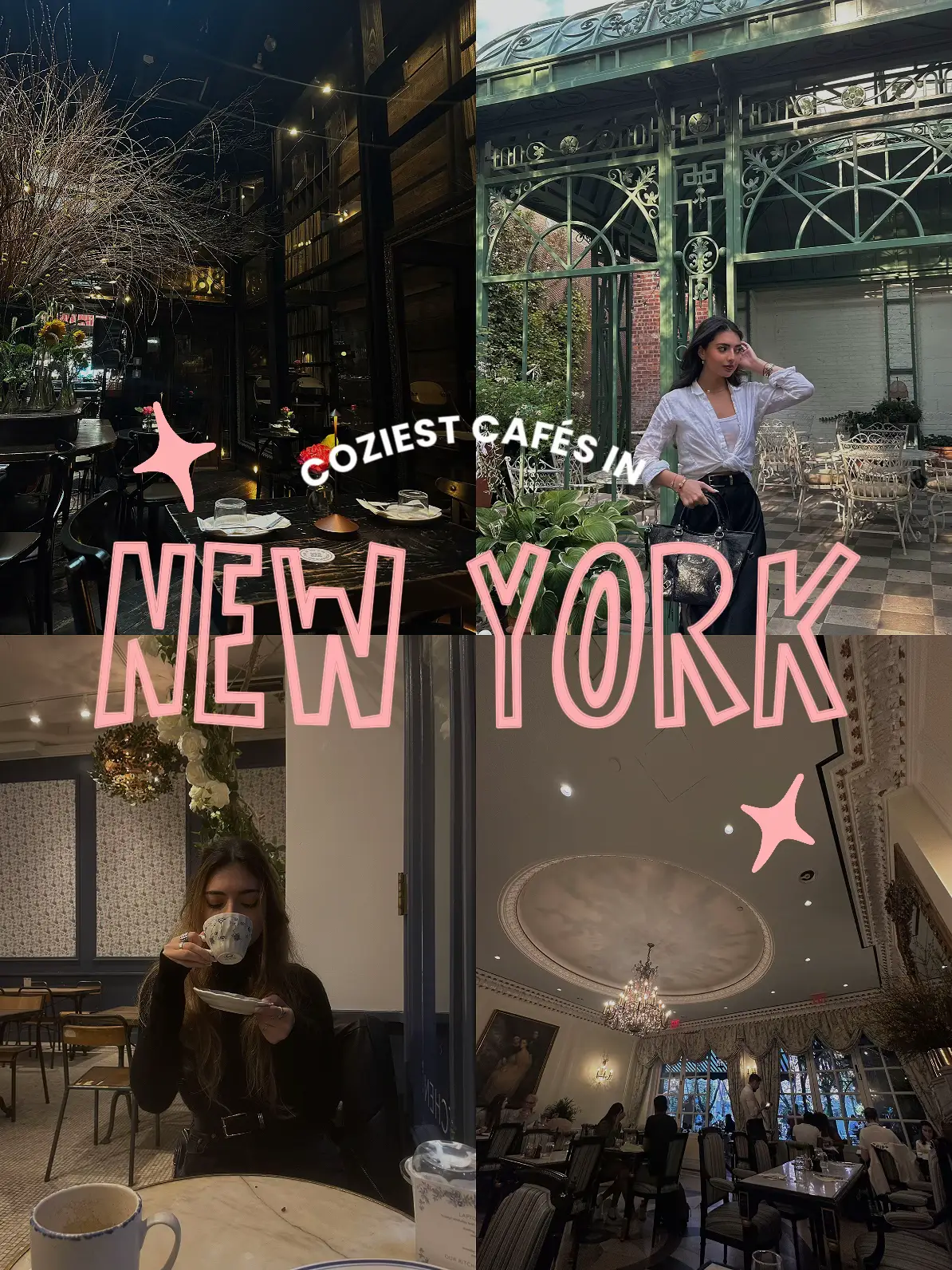  A collage of four pictures of a woman drinking coffee in New York.