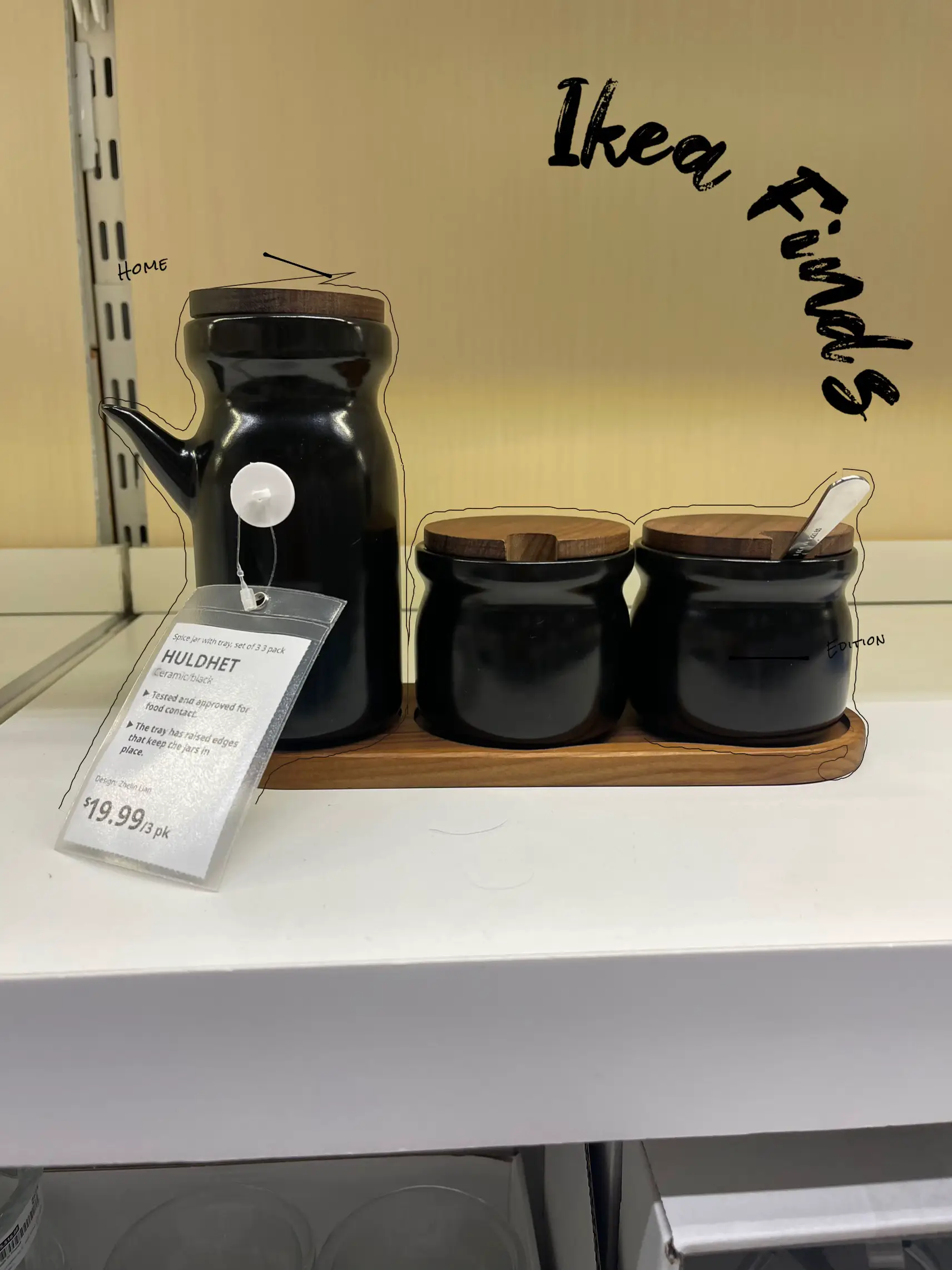 HULDHET Spice jar with tray, set of 3, ceramic/black - IKEA