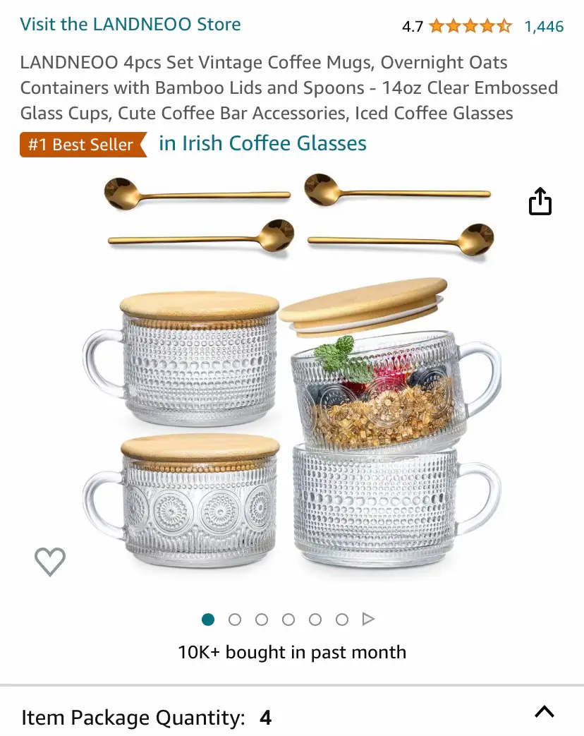 LANDNEOO 4pcs Set Vintage Coffee Mugs, Overnight Oats  Containers with Bamboo Lids and Spoons - 14oz Clear Embossed Glass Cups,  Cute Coffee Bar Accessories, Iced Coffee Glasses: Irish Coffee Glasses