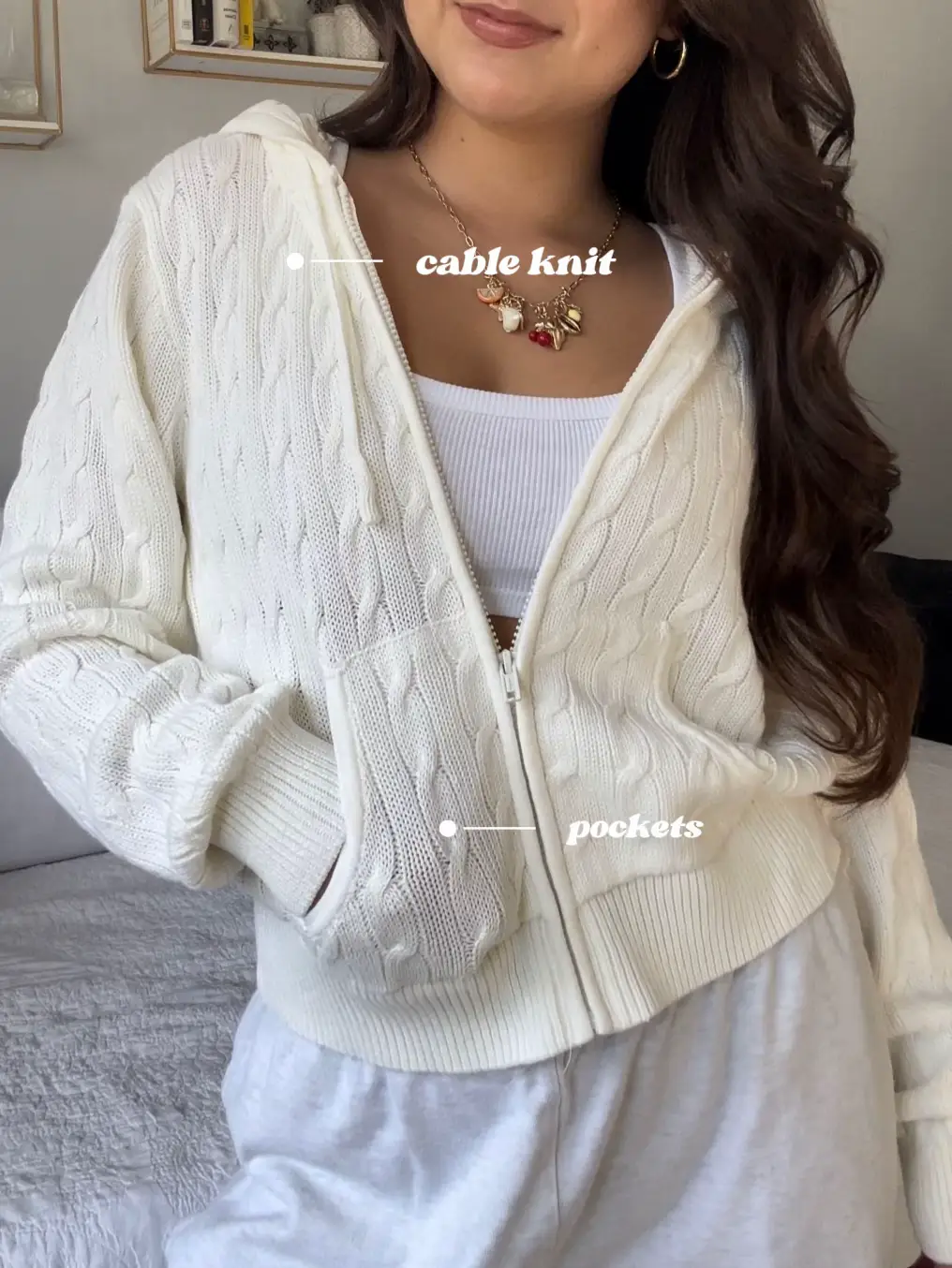 Brandy Melville Ayla Cable Knit Zip Up Tan - $45 New With Tags
