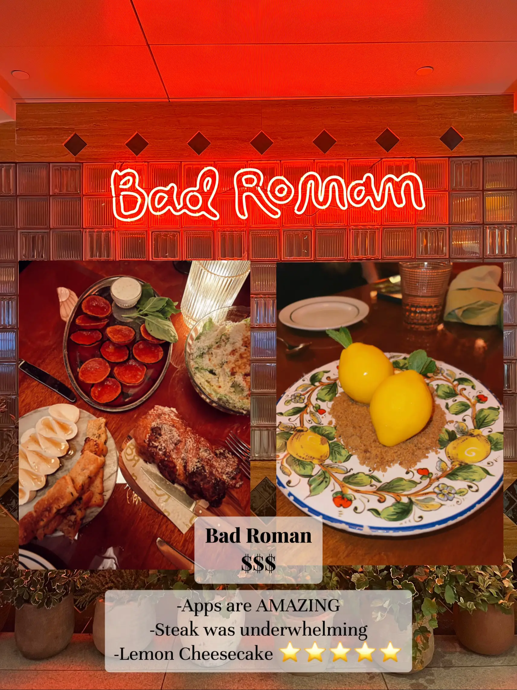  A collage of pictures of food with the words "Bad Roman" in the top left.