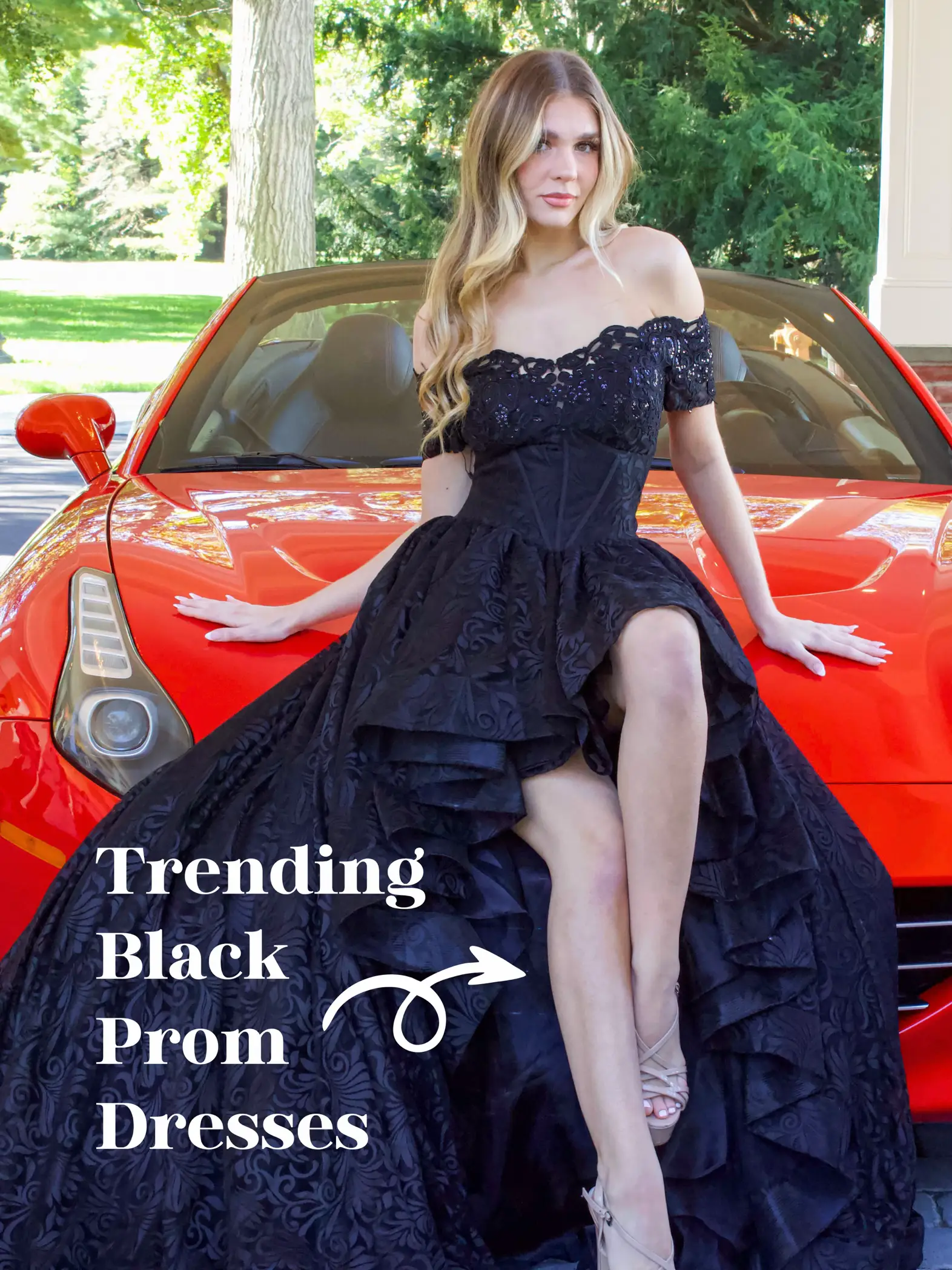 Black prom dress store with red accents