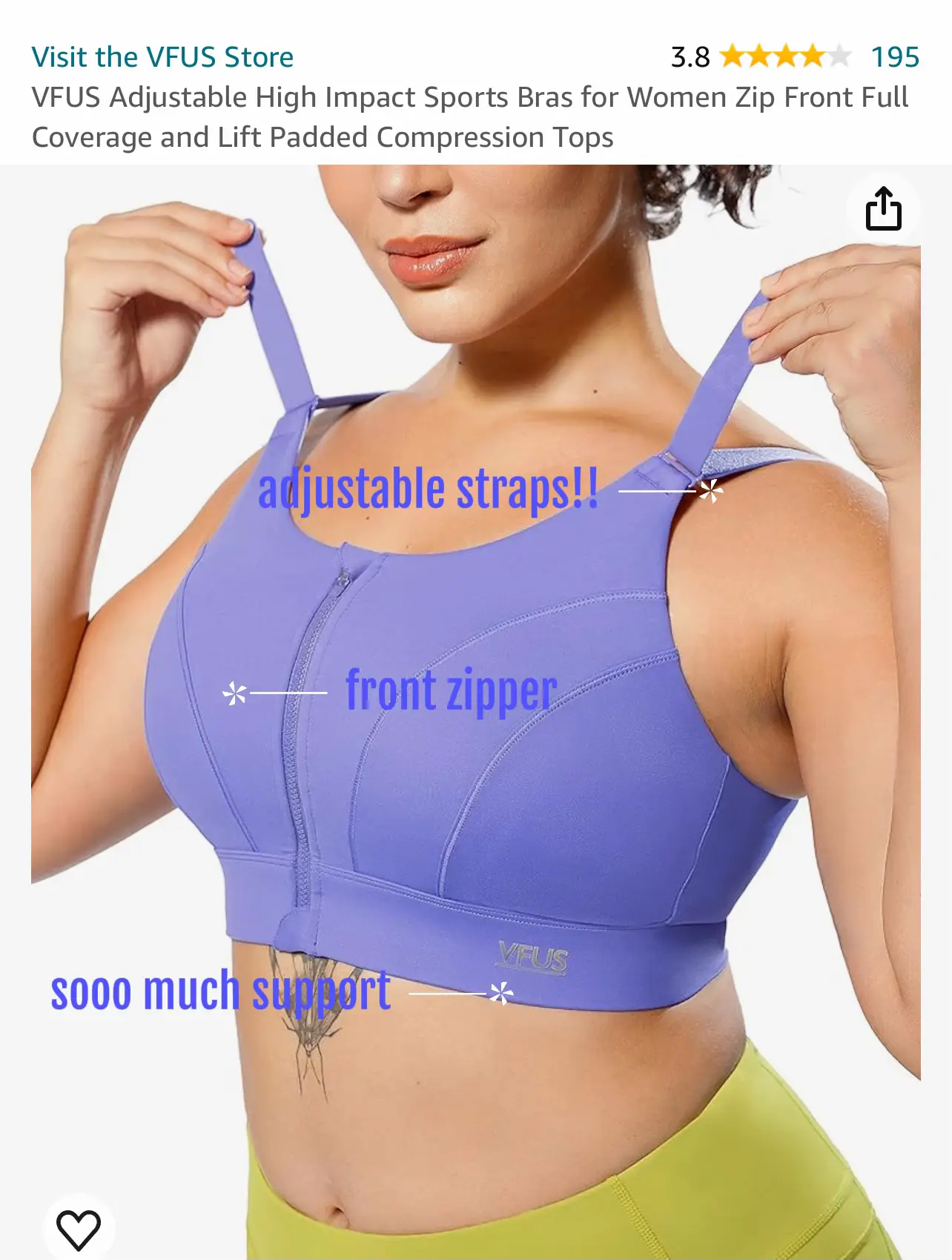 VFUS Adjustable High Impact Sports Bras for Women Zip Front Full