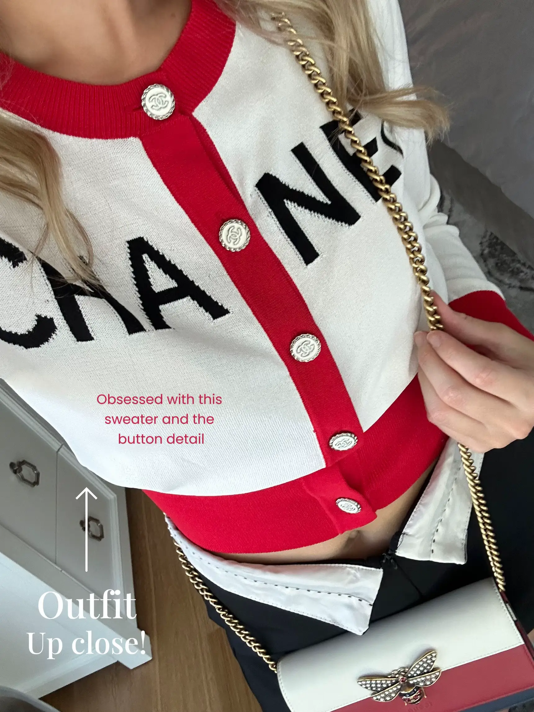 White chanel sweater with red online logo