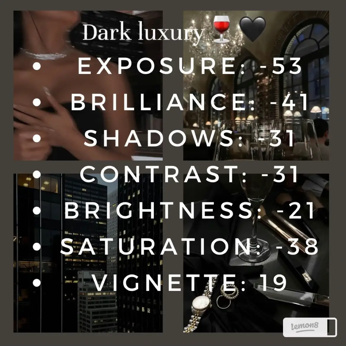  A collage of photos with the words "Dark luxury" and "Exposure
