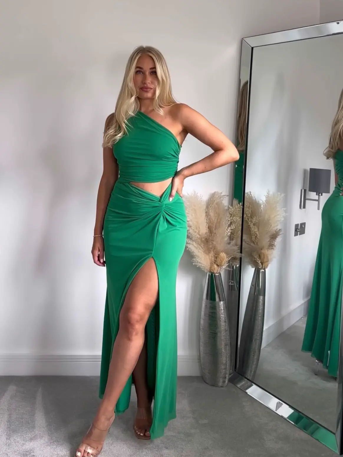 Emerald Green Satin One Shoulder Split Long Dress - VQ