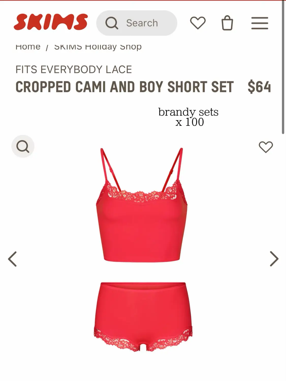 Skims Cropped Cami Top And Boy Short Set in Red