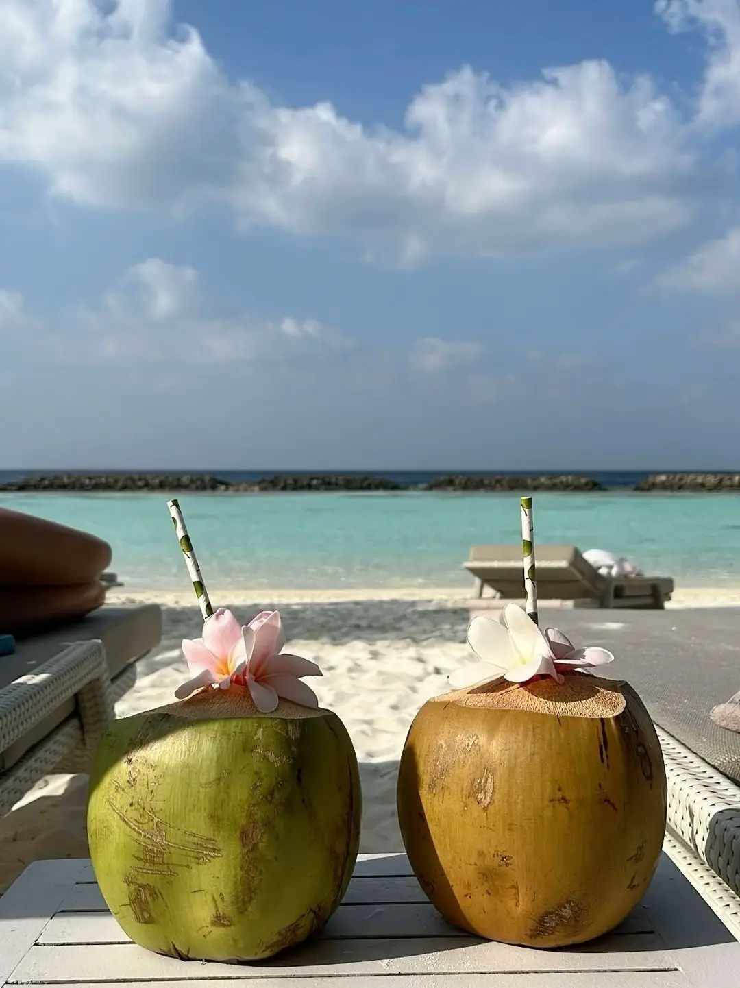  Two coconuts with water in them.
