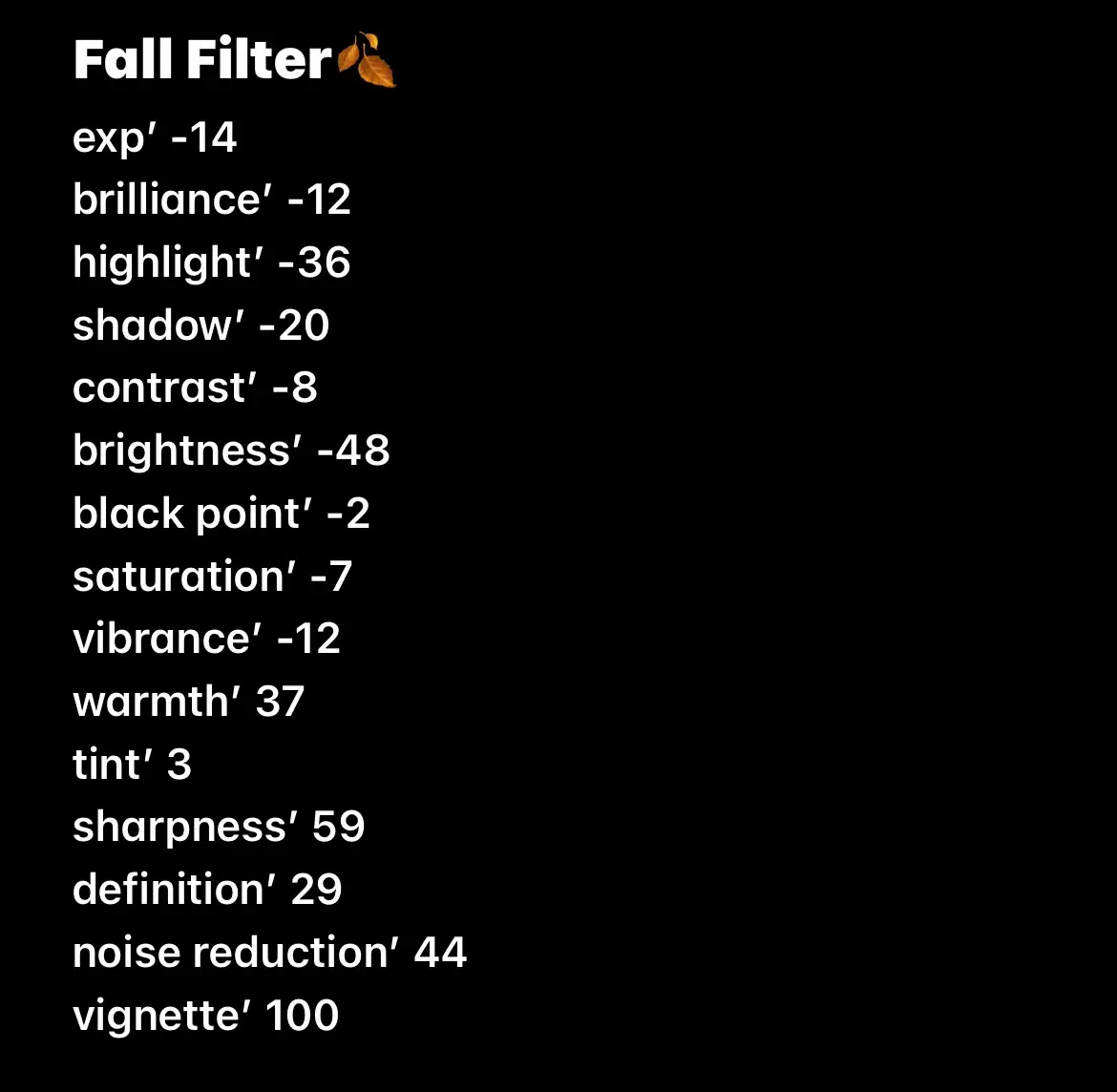 A list of different filter effects with descriptions
