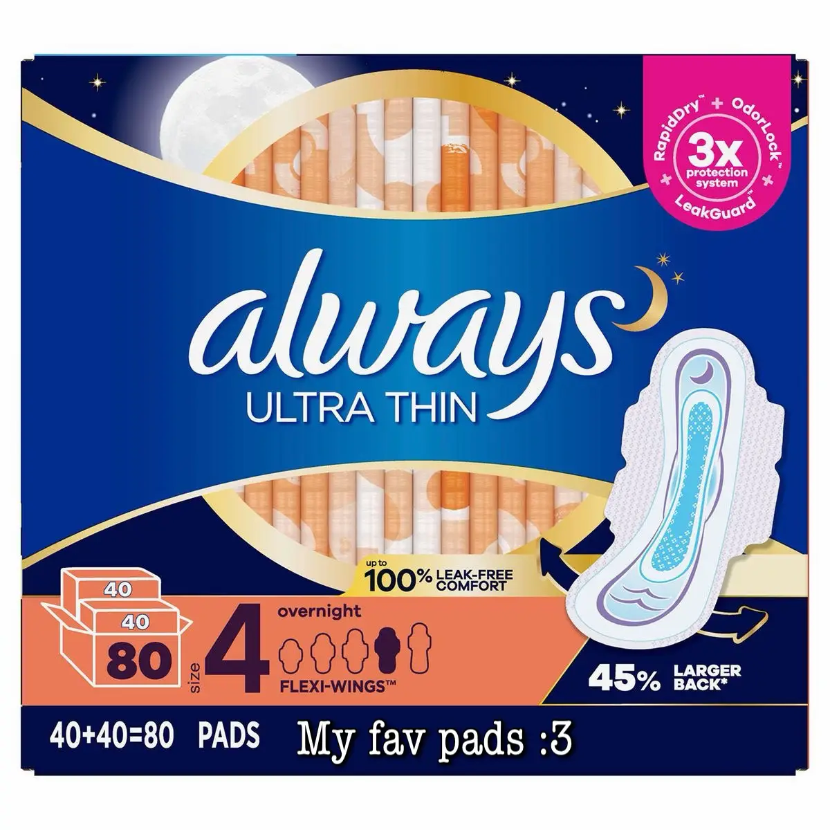 Always Sensitive Night Ultra Sanitary Towels Soft with Wings Size 3, 10-100  Pads