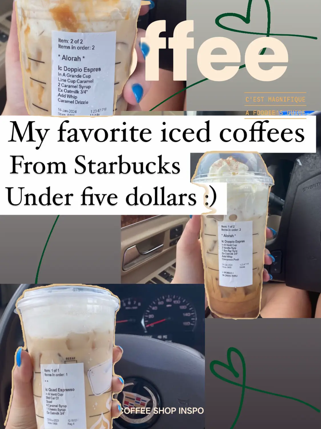  A collage of Starbucks iced coffee drinks