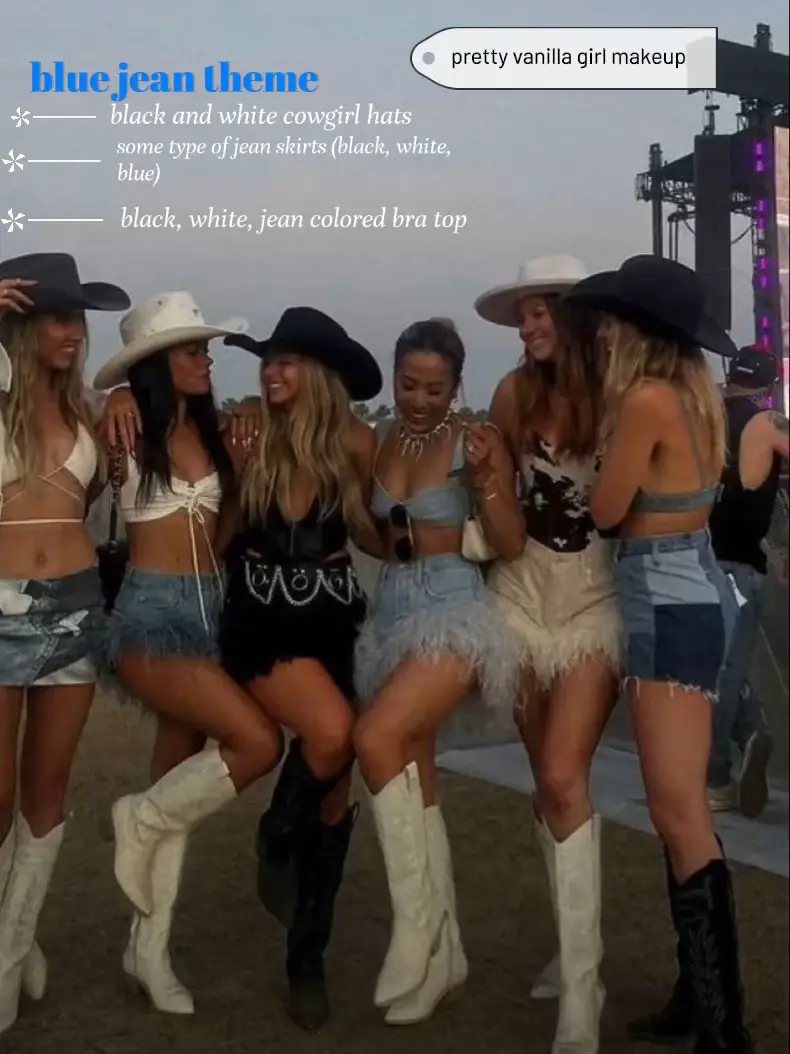  A group of women wearing cowgirl hats and jean skirts