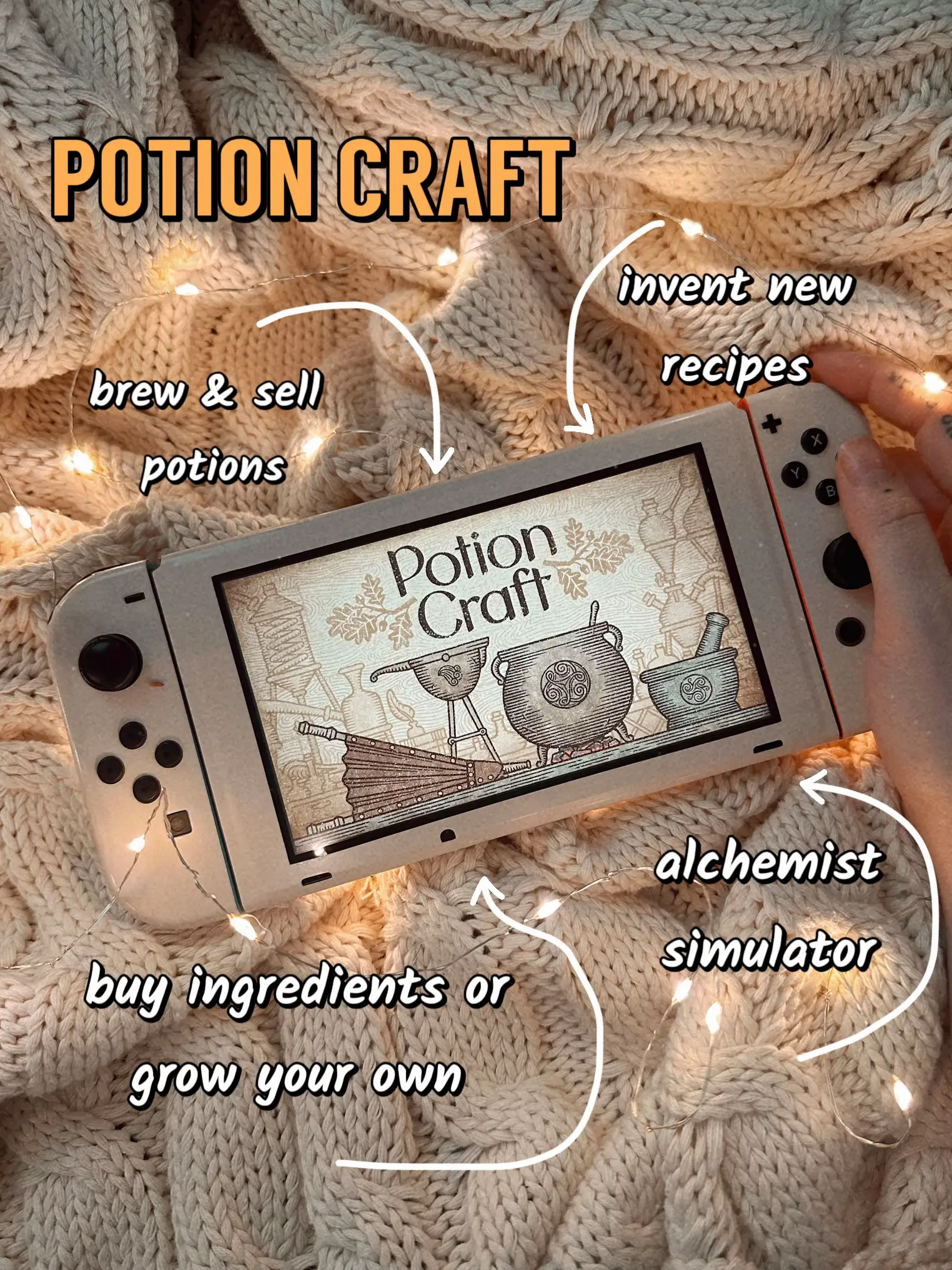  A person holding a Nintendo Wii controller with a potion craft image on the screen.