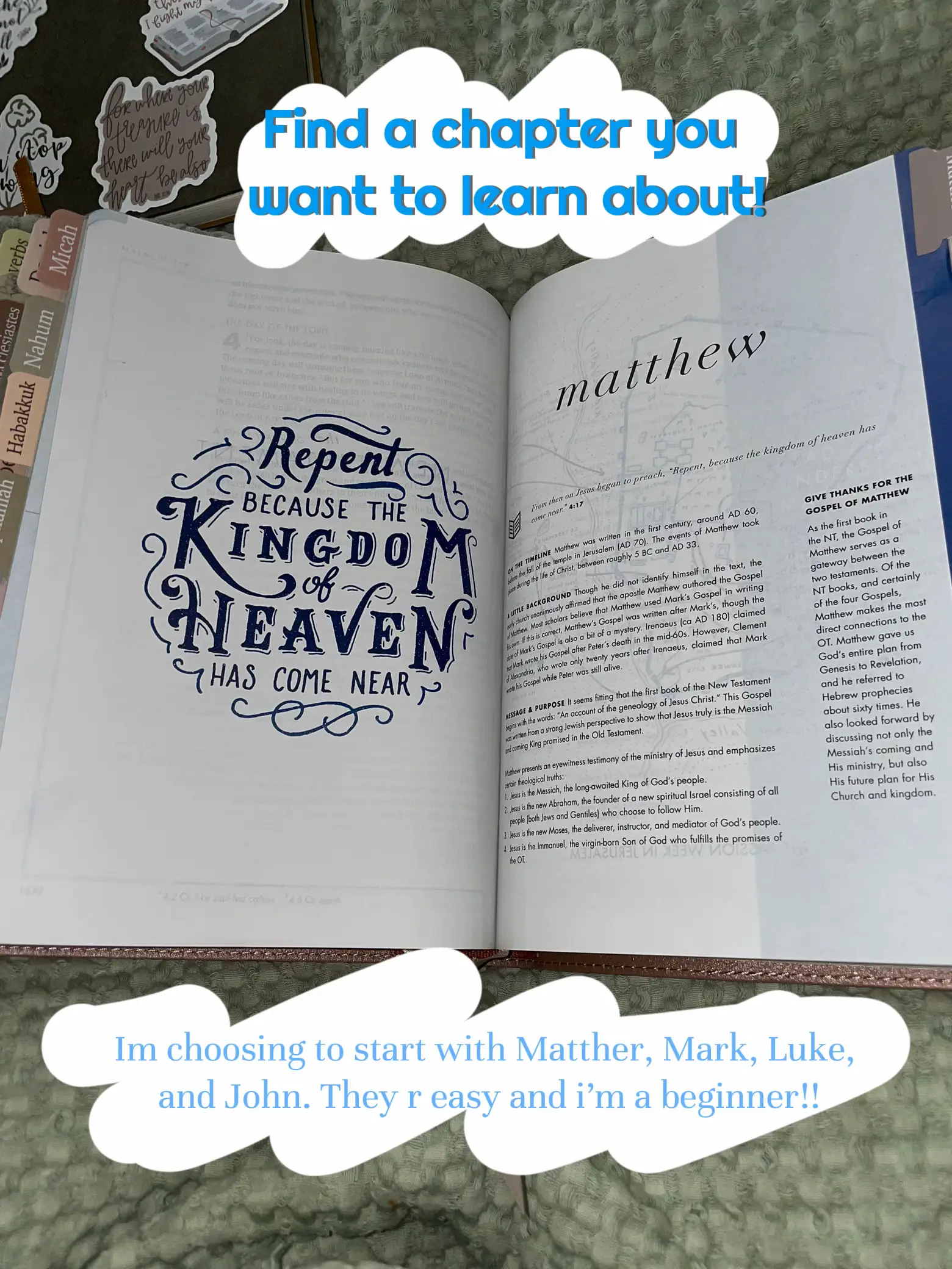  the book of Matthew, which is the first book of the Bible and is open to lớn a page with the words "Find a chapter you want to lớn learn about!". The book of Matthew is a
