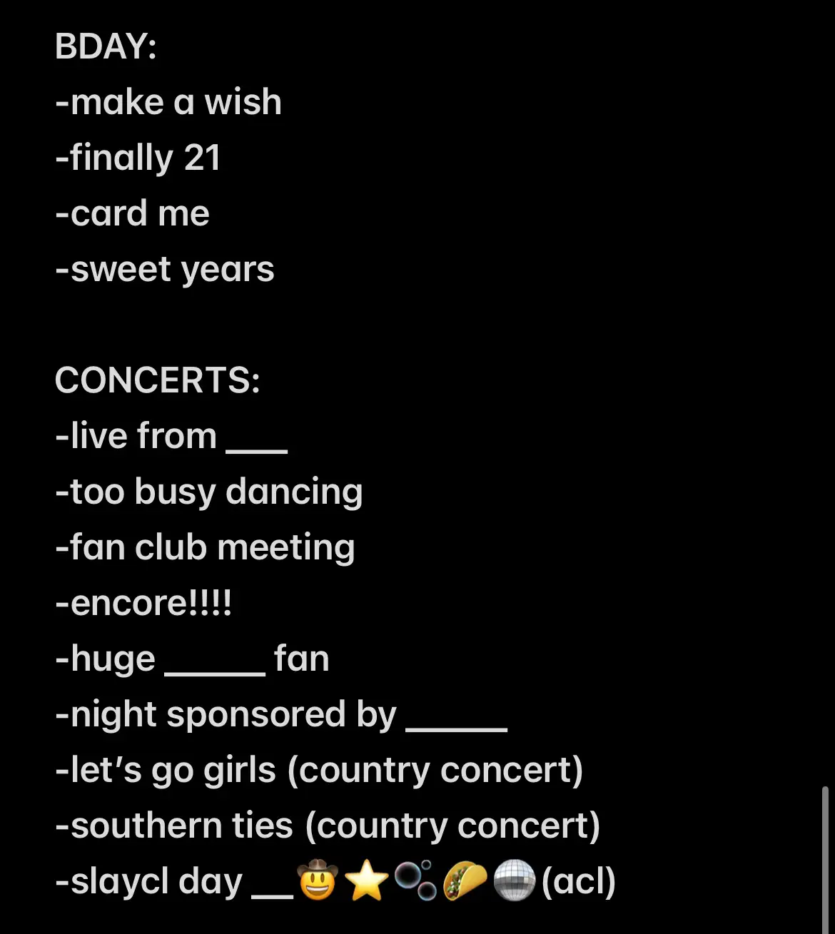  A list of events for a fan club meeting and a country concert.
