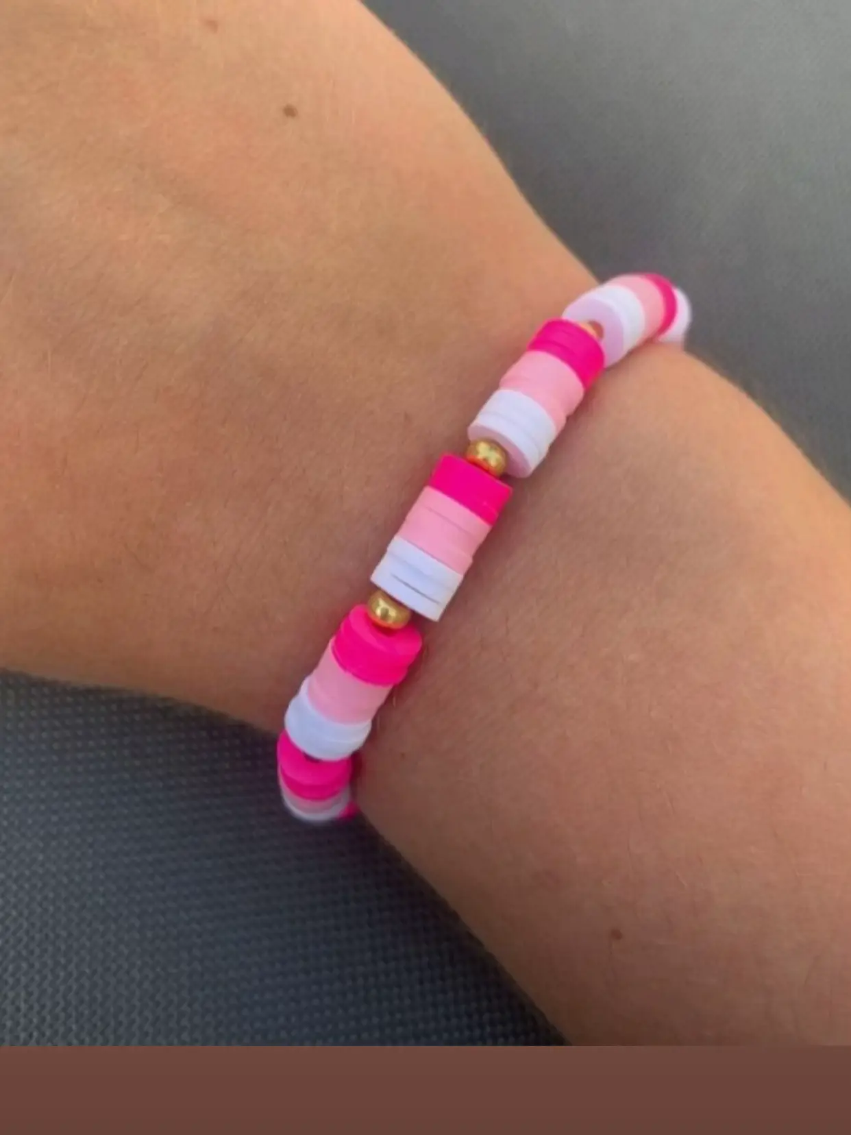 🫶🏼clay bead bracelet! With Pink Clay Beads Gold Beads And A Heart  Charm!🤍