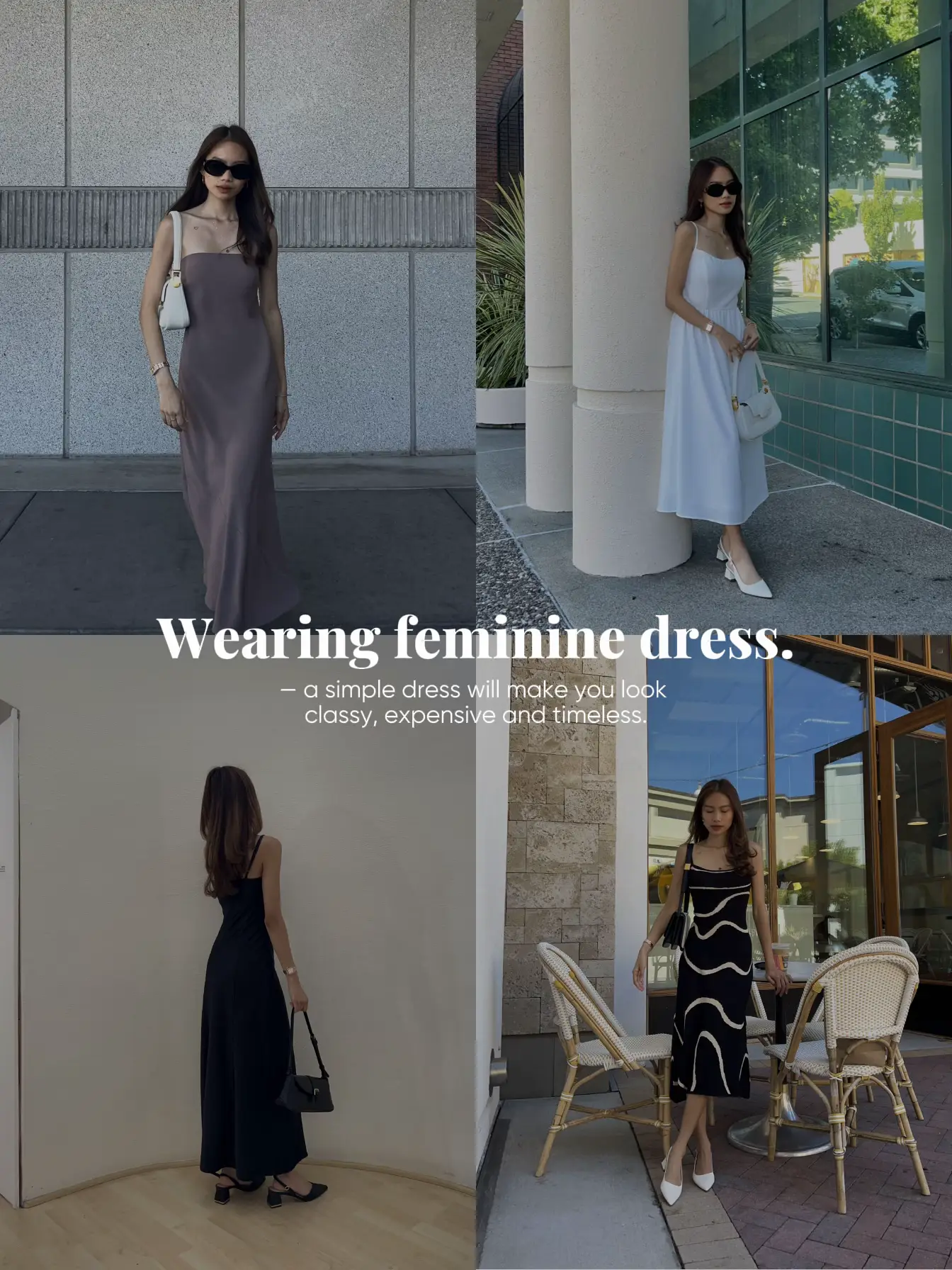 A collage of four pictures of women wearing dresses.