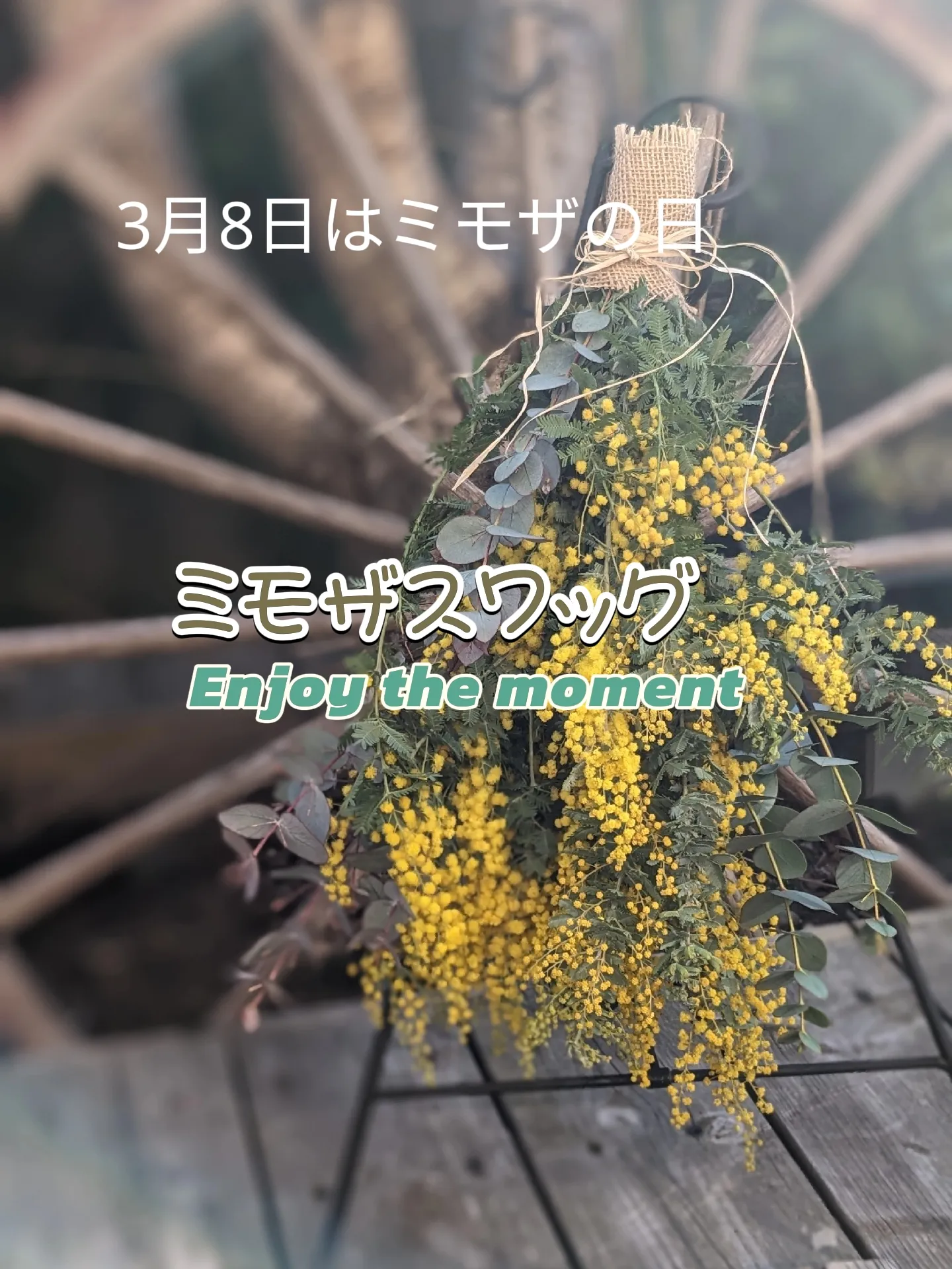 6.ミモザスワッグ ミモザが好きな方にmimosaの春色季節の横長スワッグ 8.ミモザスワッグ フラワー・リース