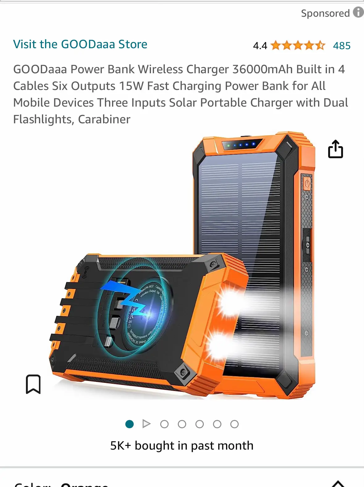 GOODaaa Power Bank Wireless Charger 36000mAh Built in 4 Cables Six Outputs  15W Fast Charging Power Bank for All Mobile Devices Three Inputs Solar