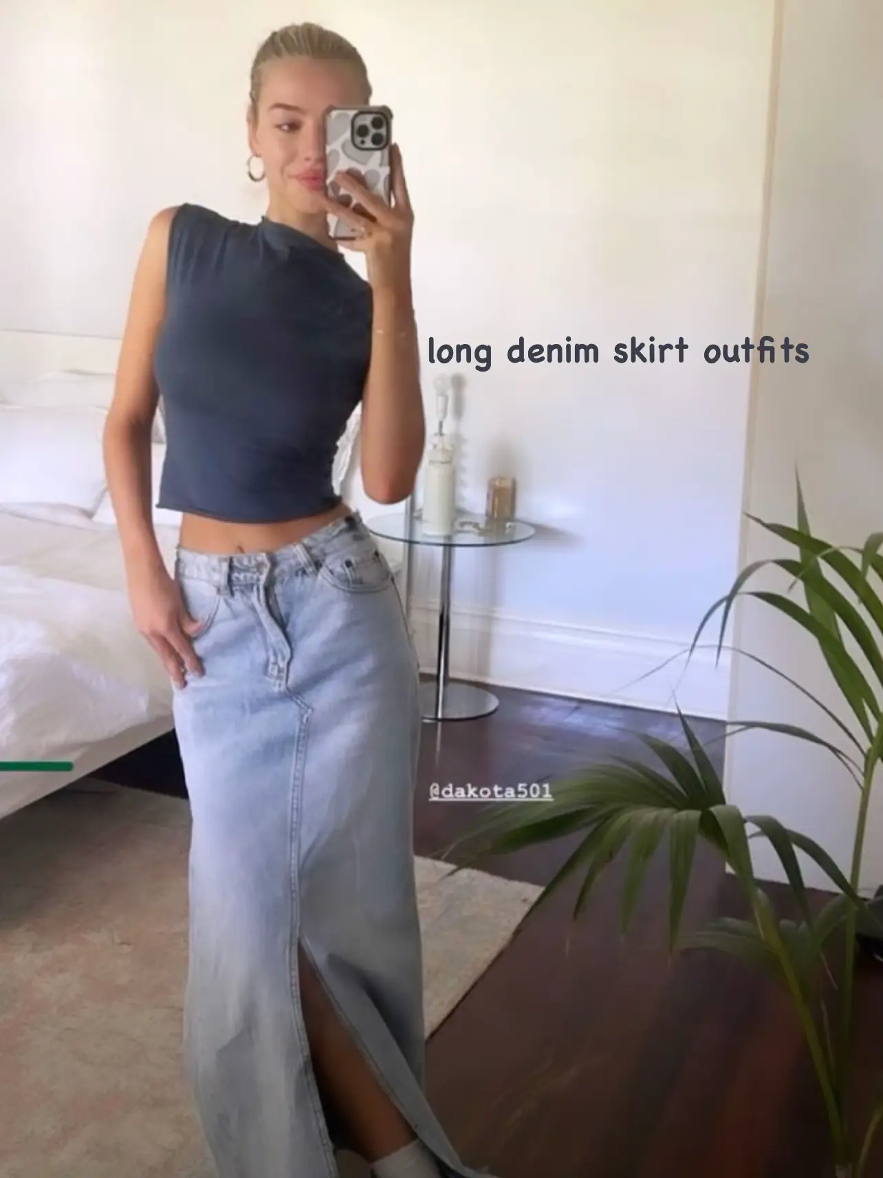  utcoco Women's Midi Jean Skirt High Waisted Slit Hem