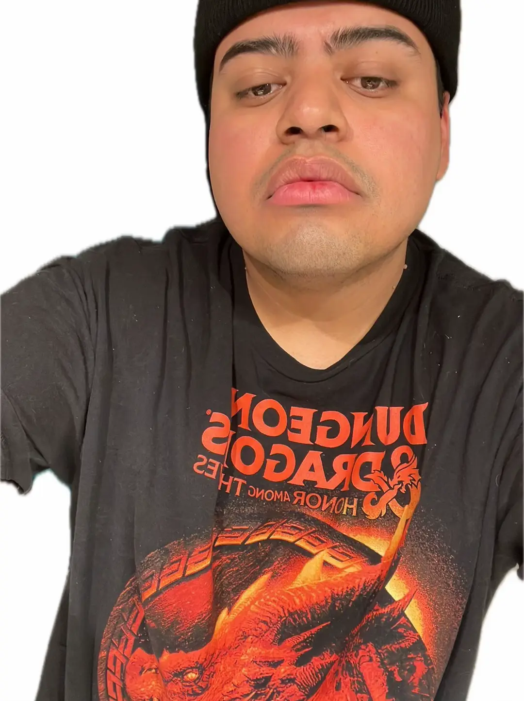  A man wearing a black shirt with a dragon on it.