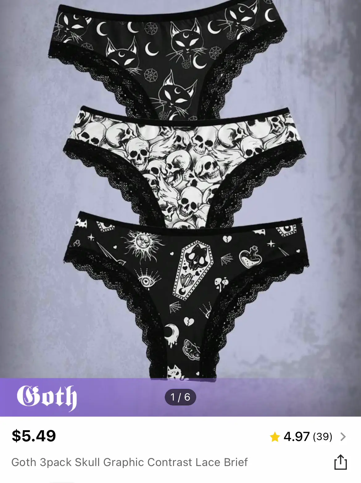 ROMWE Goth 3pack Halloween Graphic Contrast Lace Thong Set