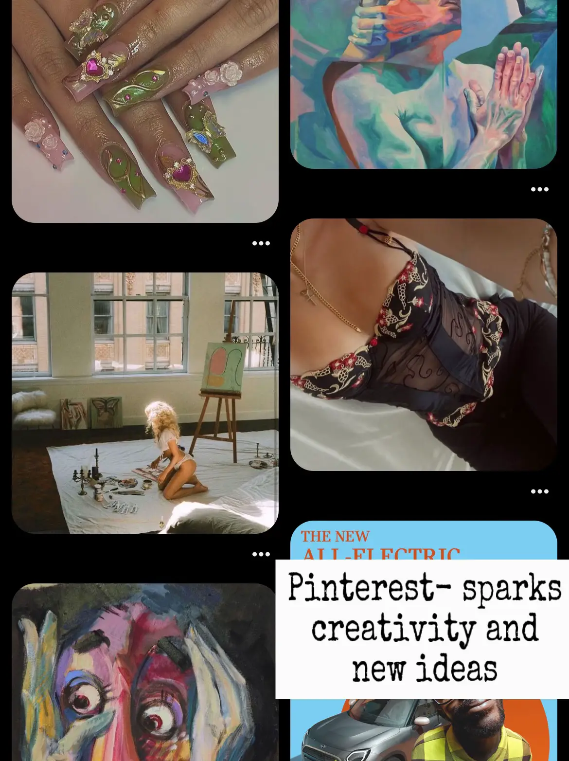  A collage of images and text that says "Pinterest-sparks creativity and new ideas".