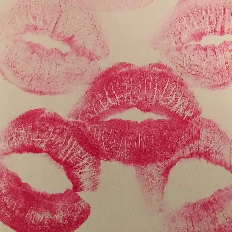  A painting of a bunch of lips with the words "." and "." above them.