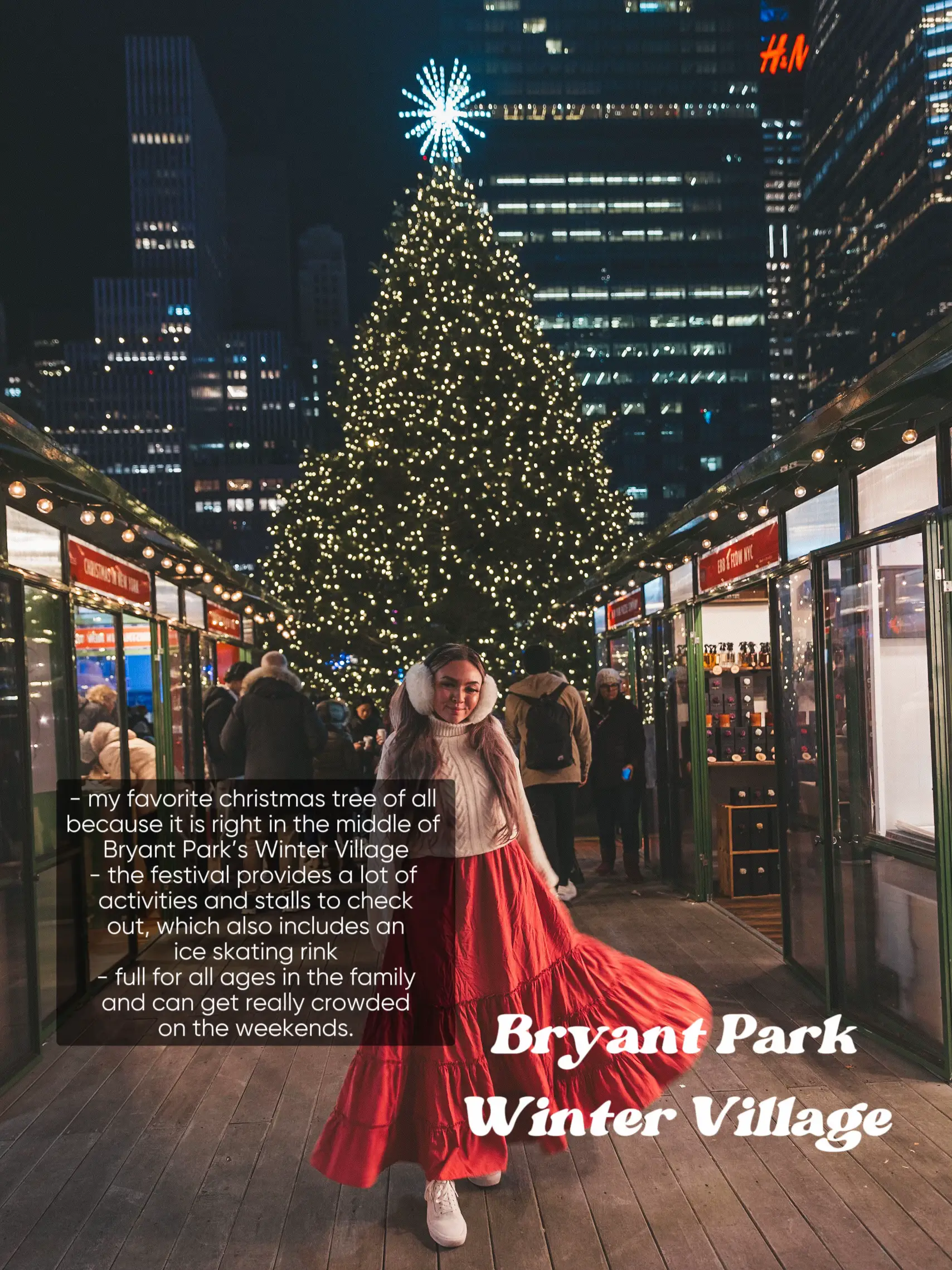 A woman is standing in front of a Christmas tree in Bryant Park Winter Village.