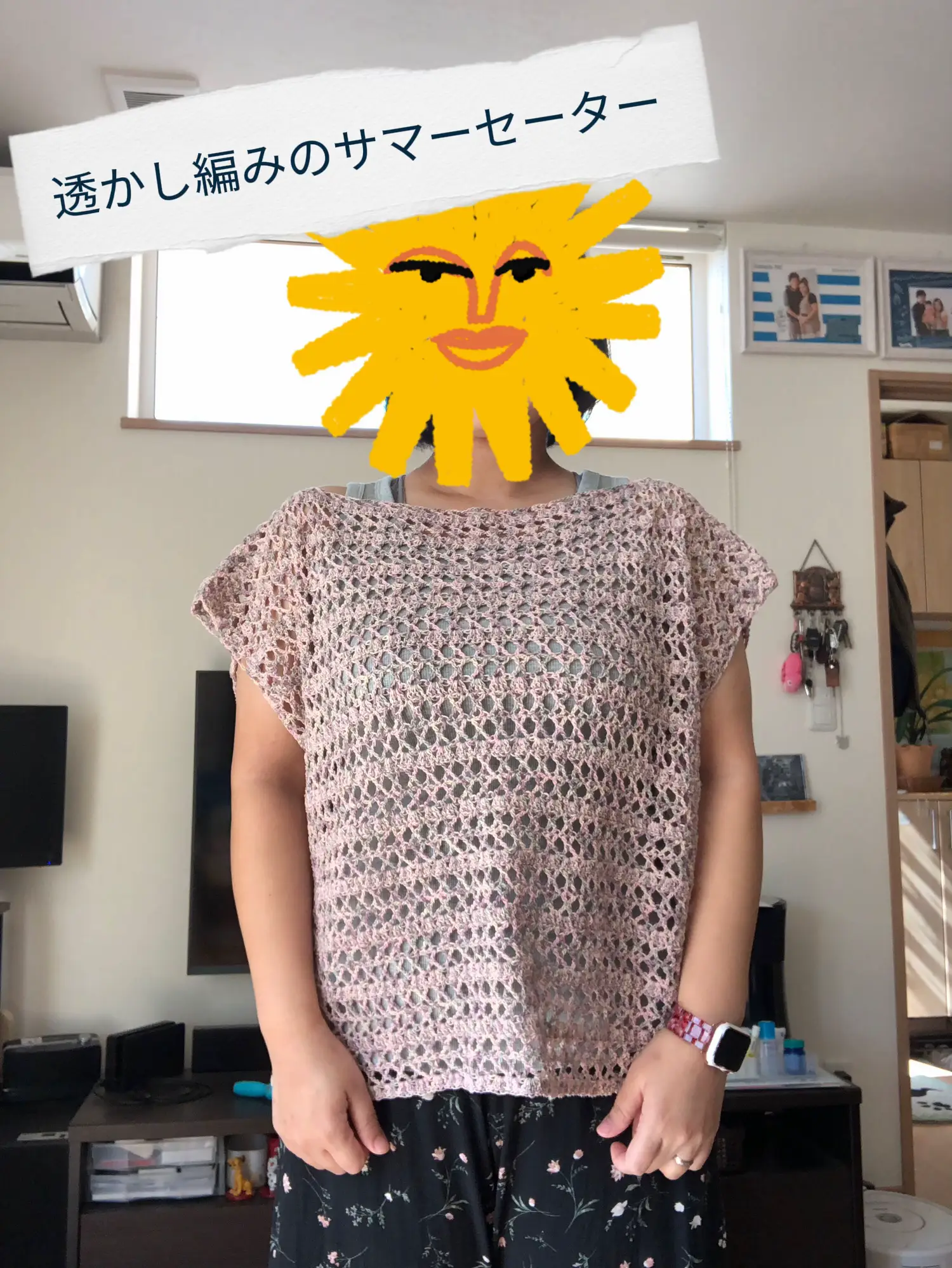 ハンドメイド 手編み 透かし編み サマーニット セーター 袖無し ベスト 