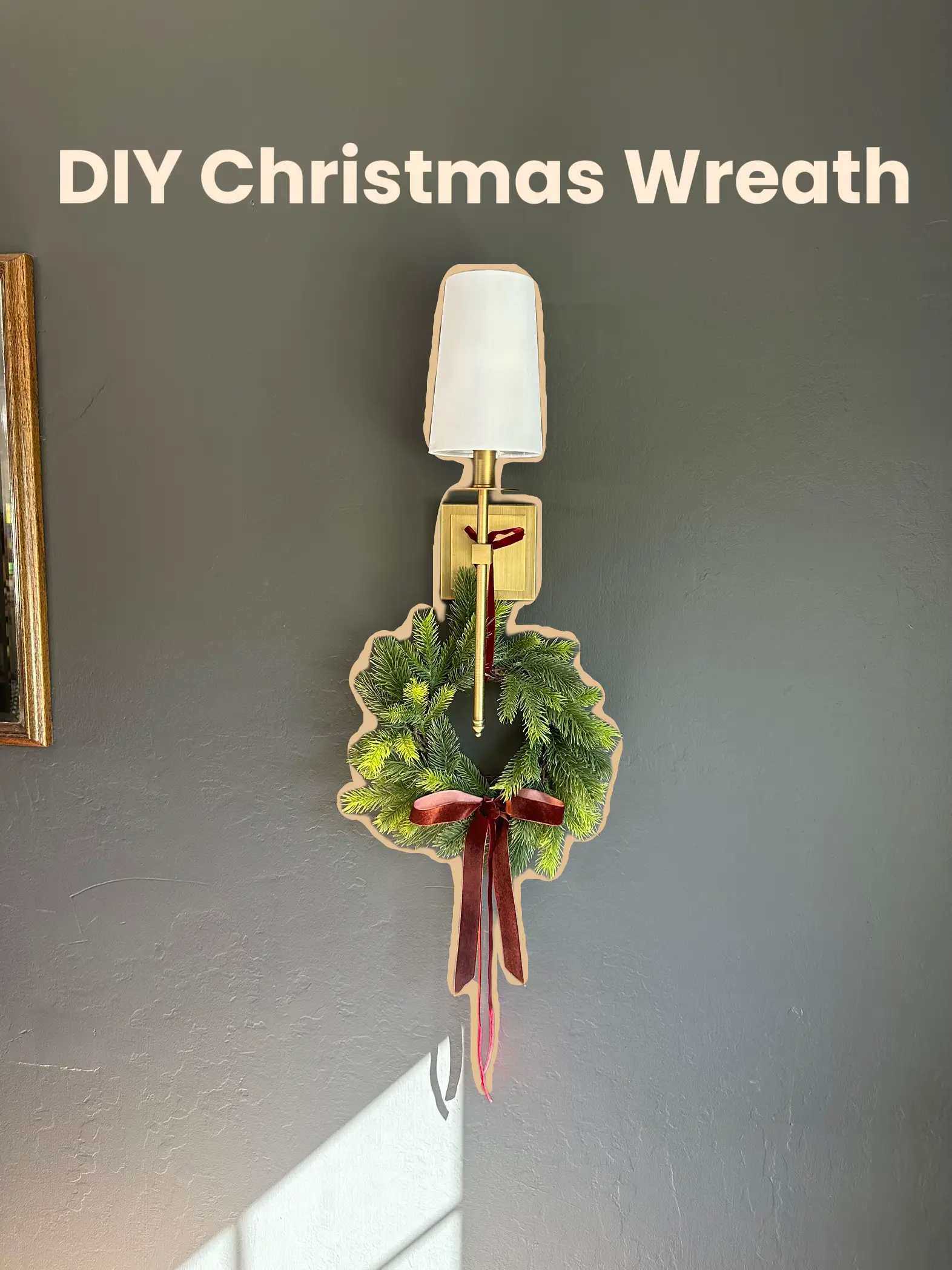 DIY Christmas wreath. Wrap foam wreath with ribbon then hot glue a ton of  beads on it.