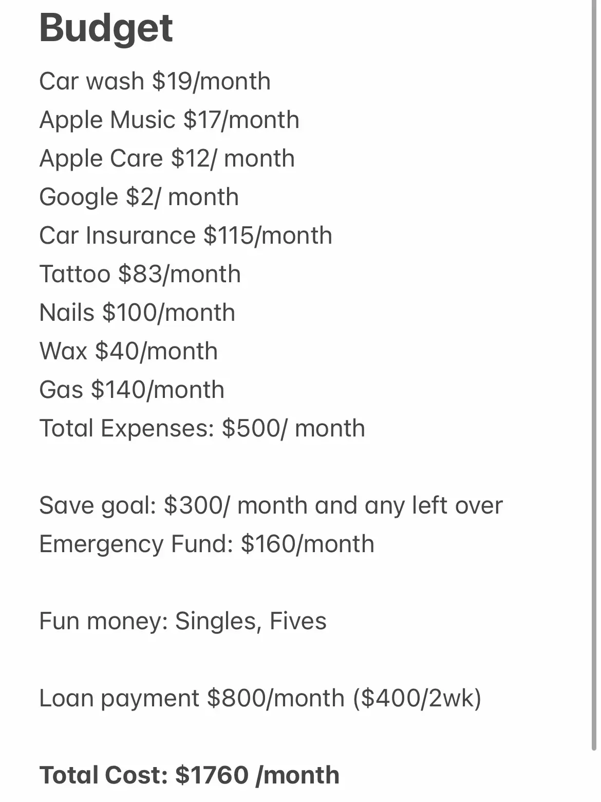 A Simple Budget in the Notes App, Gallery posted by Katie 🩷