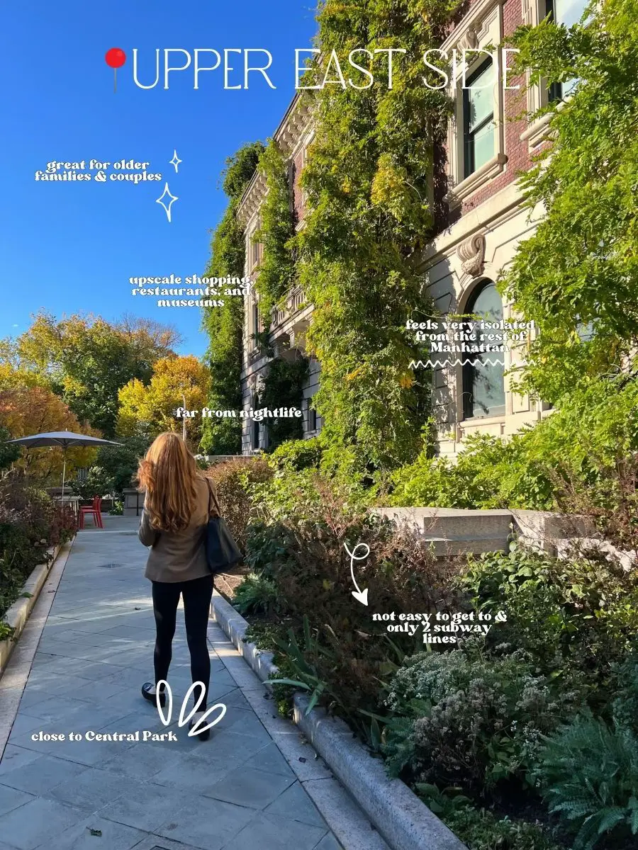  A woman is walking down a sidewalk with a sign that says "UPPER EAST SIDE" above her. The sidewalk is surrounded by buildings and trees, and there are two subway