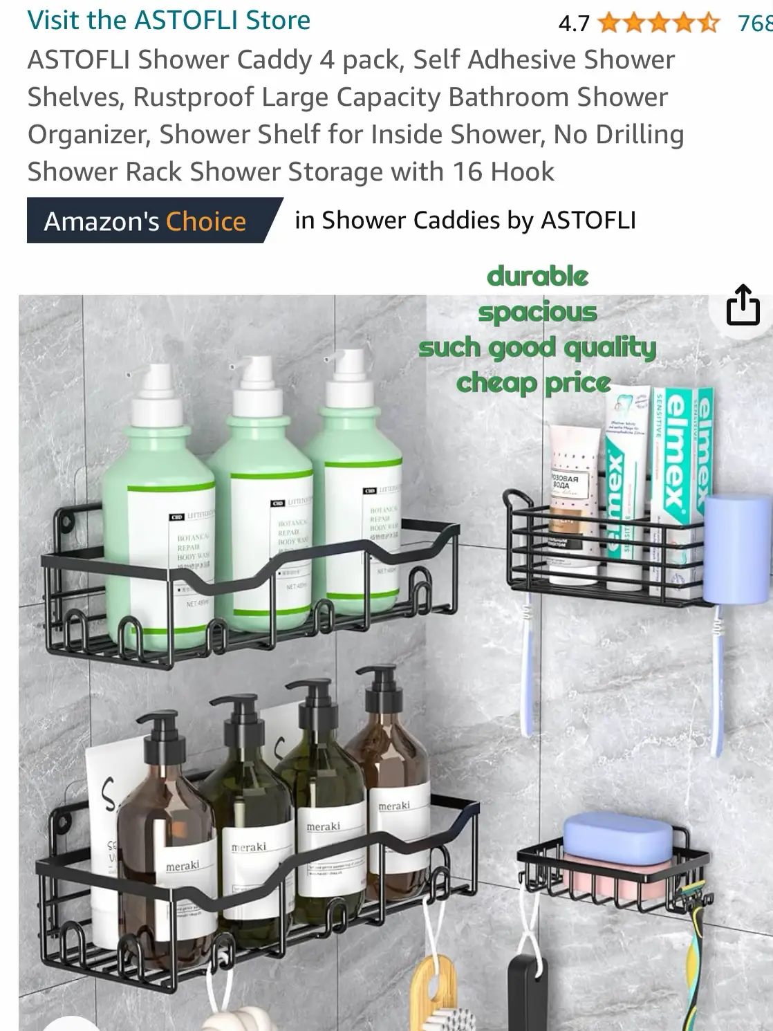 ASTOFLI Shower Caddy 4 pack, Self Adhesive Shower Shelves, Rustproof Large