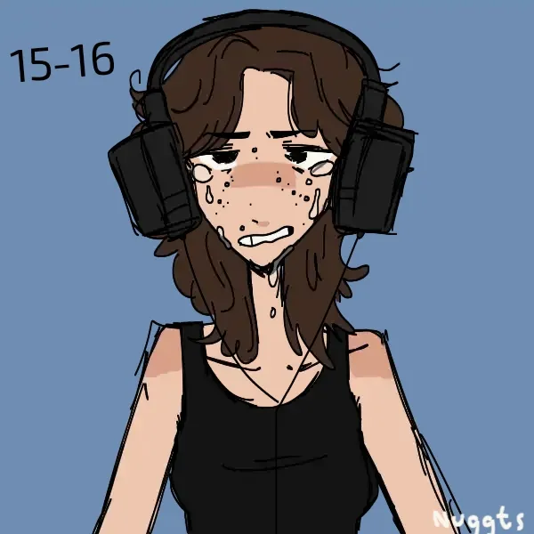  A drawing of a woman wearing headphones and a black shirt.