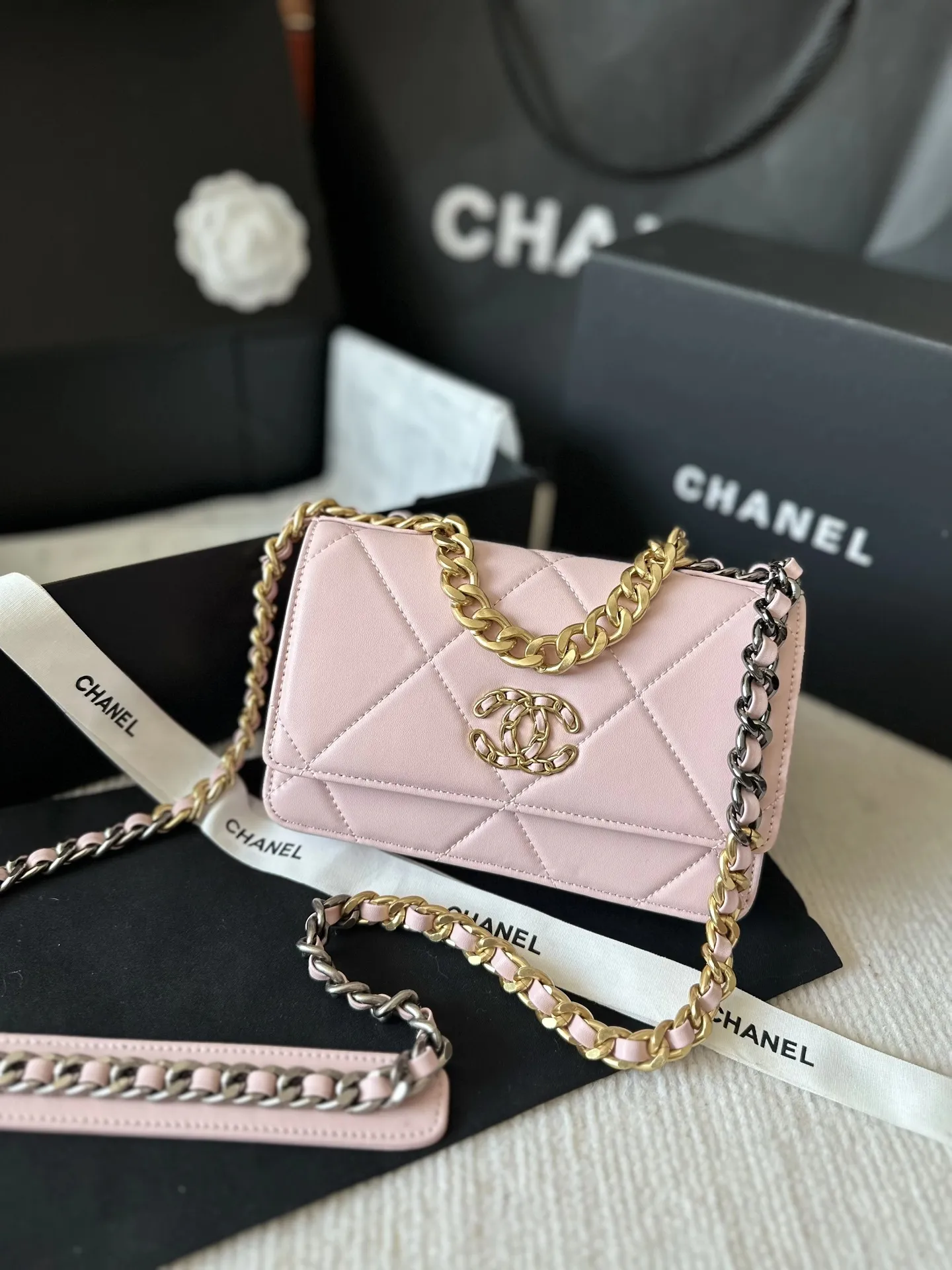 chanel 19 wallet on chain beige