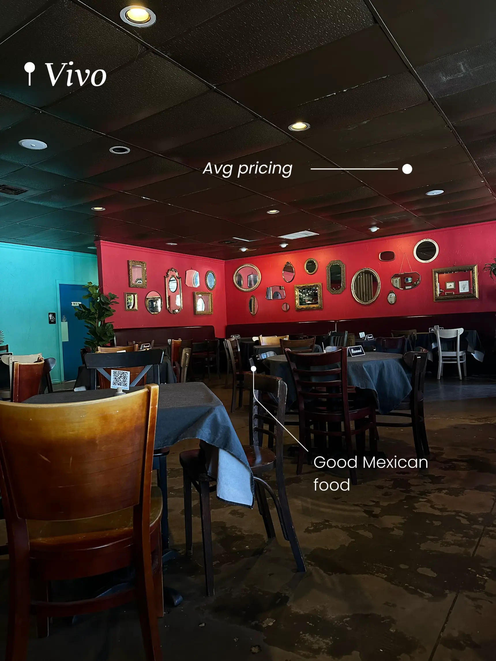  A restaurant with a red wall and a sign that says "Good Mexican food".