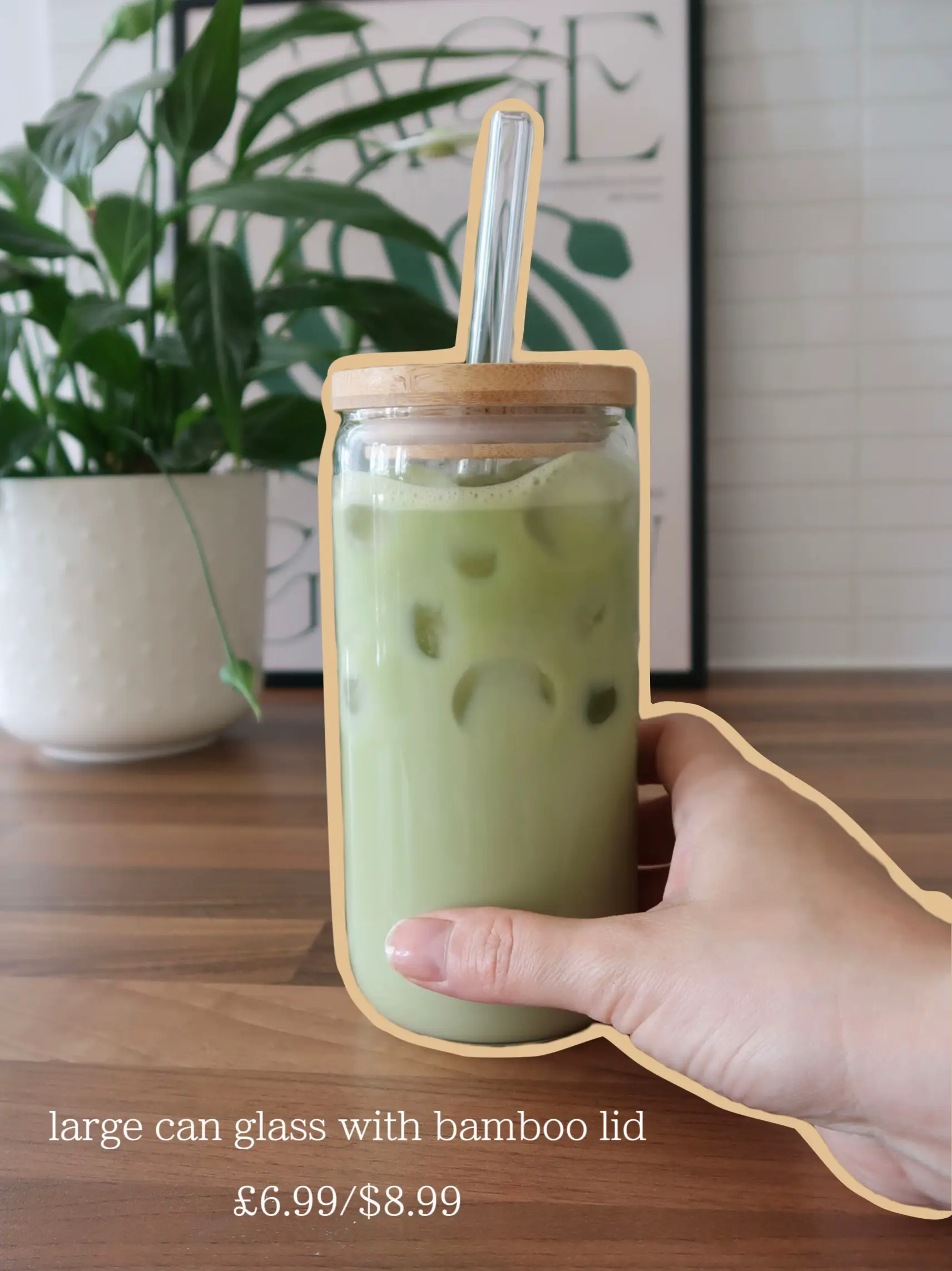 New Glass Cup & Glass Straw - Smoothie / Iced Coffee / With Bamboo Lid /  Tik Tok