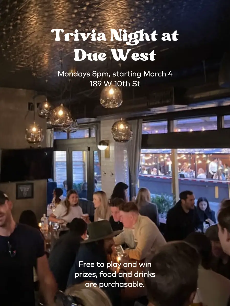  A group of people are gathered in a bar with a sign that says "TRivia Night at Due West Mondays 8pm, starting March 4