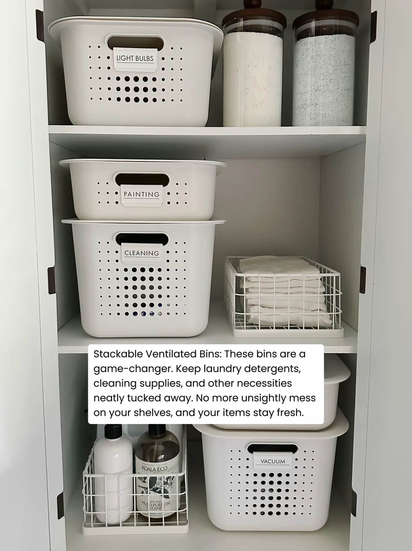 Organized laundry room with backstock bins for cleaning supplies