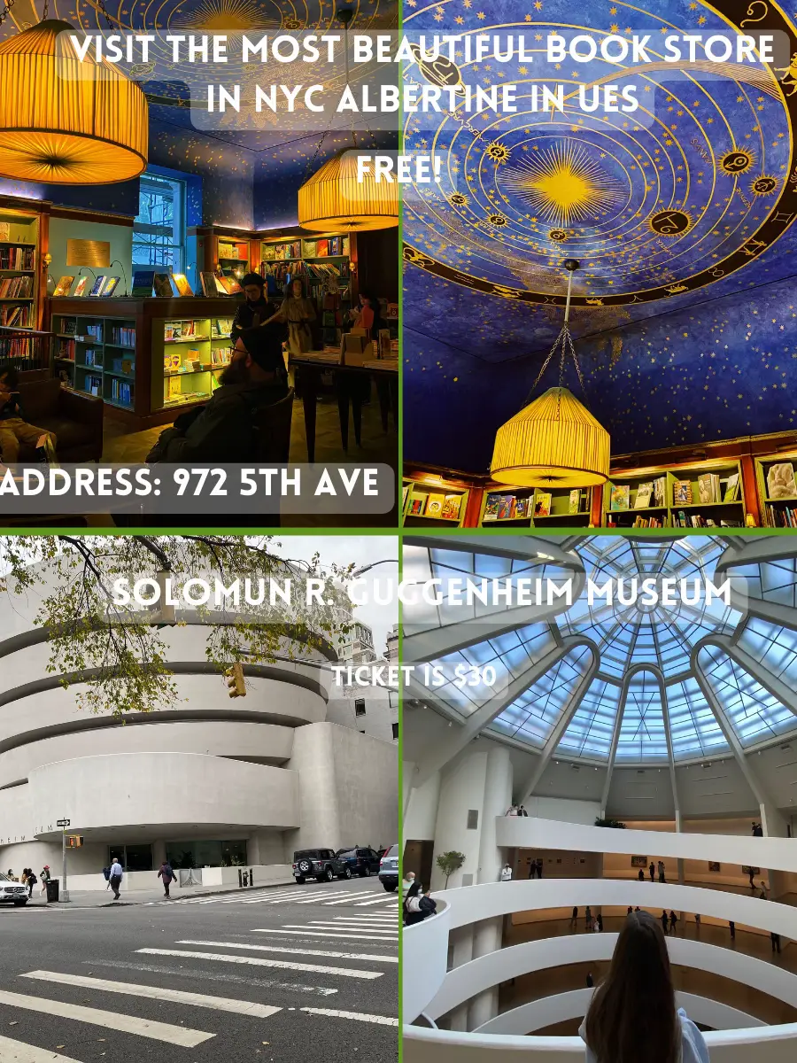  A collage of four pictures of a book store called Solomon R. Guggenheim Museum.