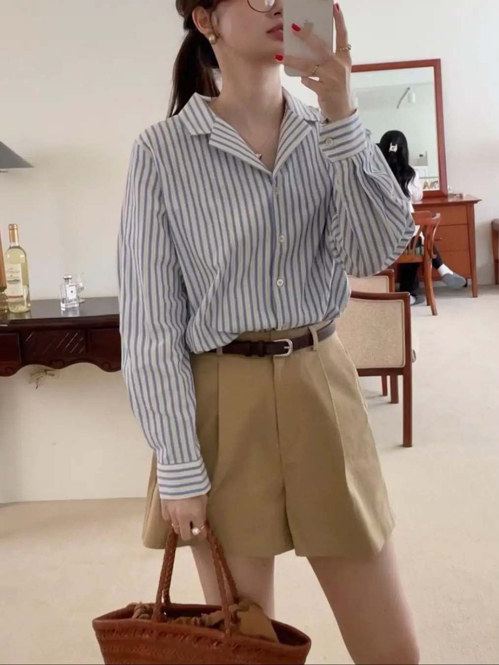 Korean striped shirt outfit hotsell