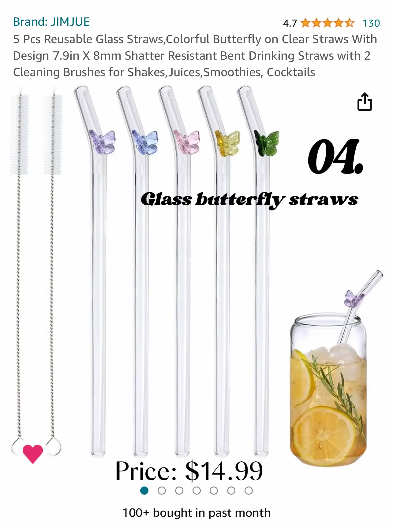 5 Pcs Reusable Glass Straws,Colorful Butterfly on Clear Straws With Design  7.9in X 8mm Shatter Resistant Bent Drinking Straws with 2 Cleaning Brushes