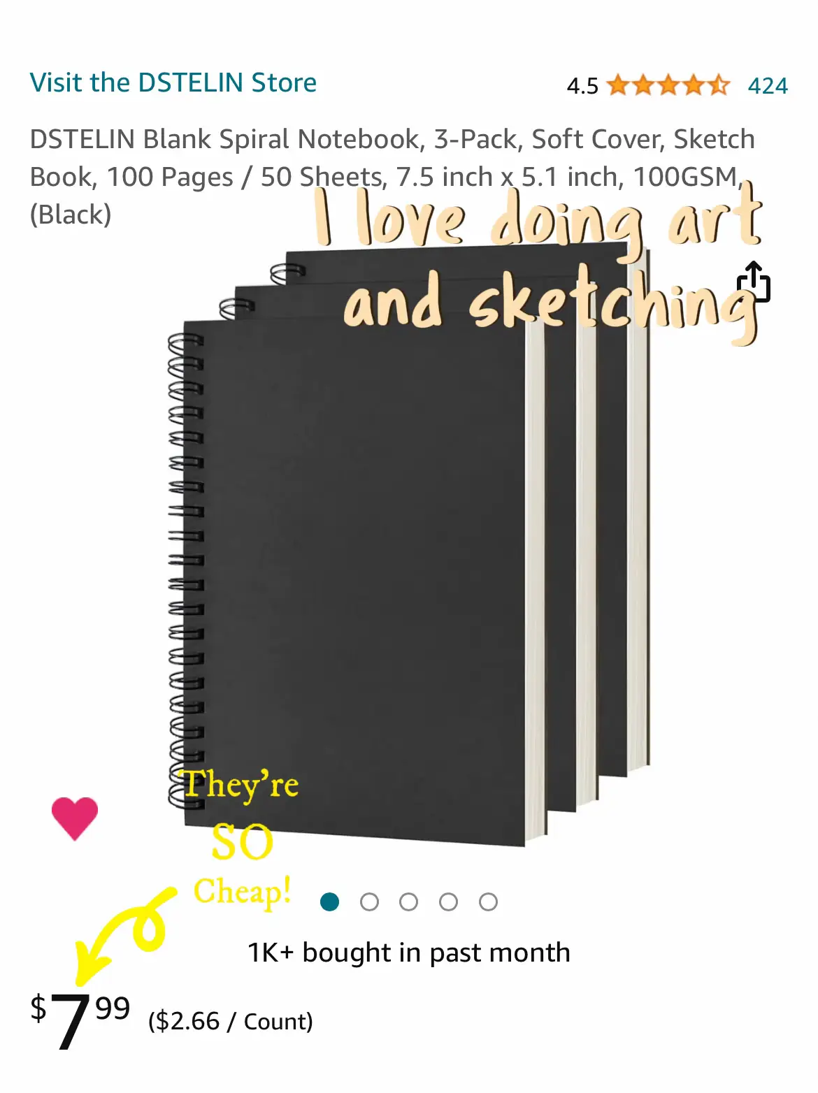 Blank Spiral Notebook, 3-Pack, Soft Cover, Sketch Book, 100 Pages